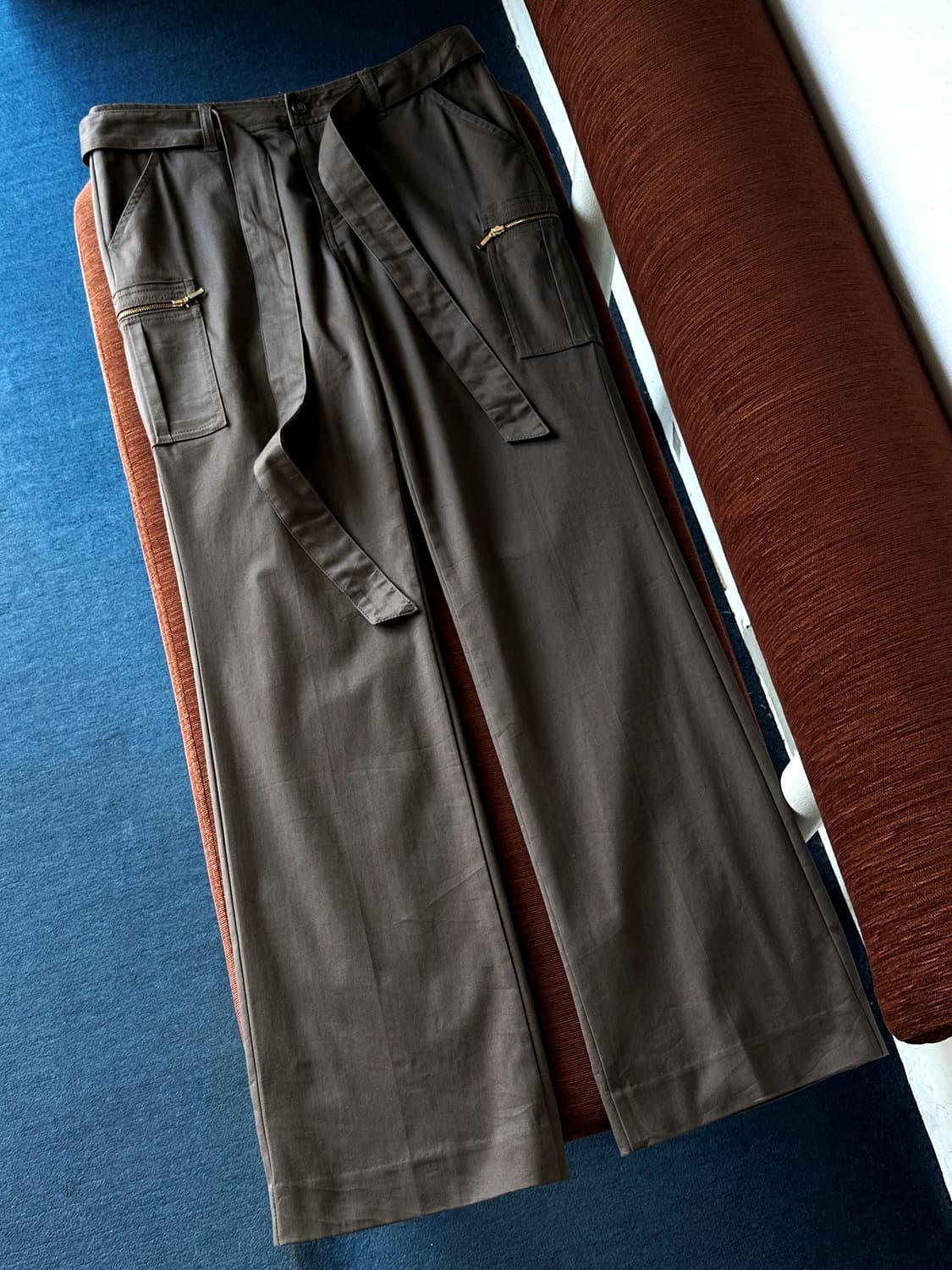 Cotton belted semi flare straight pants 상품이미지8