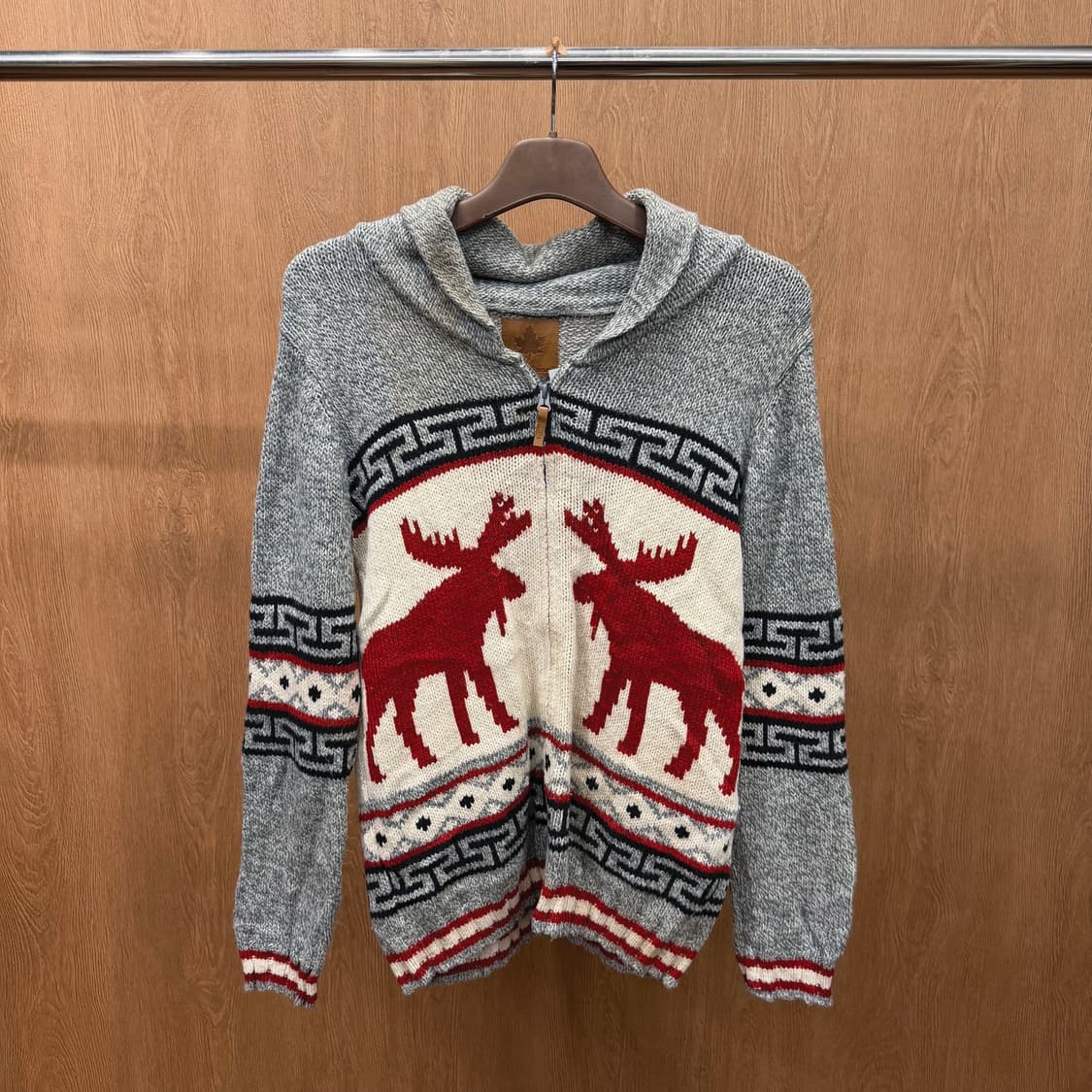 빈티지 니트 집업 가디건 순록 메이플 패턴 디테일 루즈핏 그레이 상품이미지2