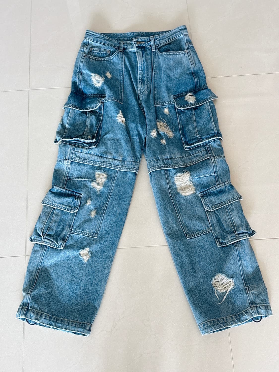 [44 size] 준지 데미지 카고 멀티 조거 와이드 데님 상품이미지1