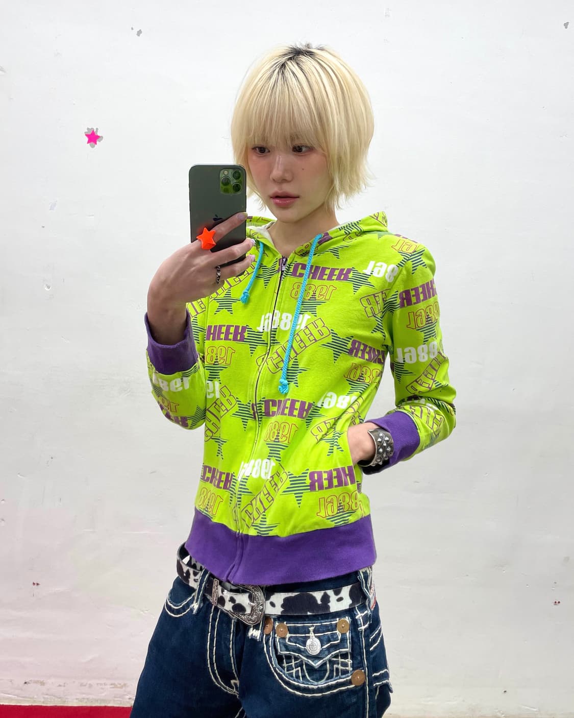 Retro Cheer Star Green Hoodie Zip-Up 상품이미지1