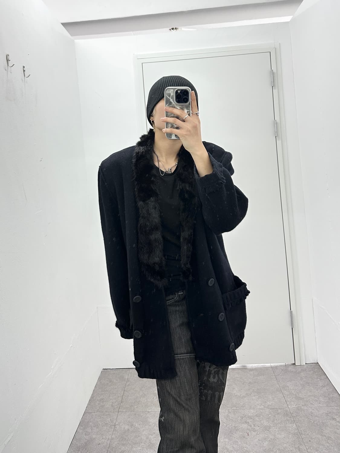 00s fur trimming double buttoned knit ja 상품이미지1
