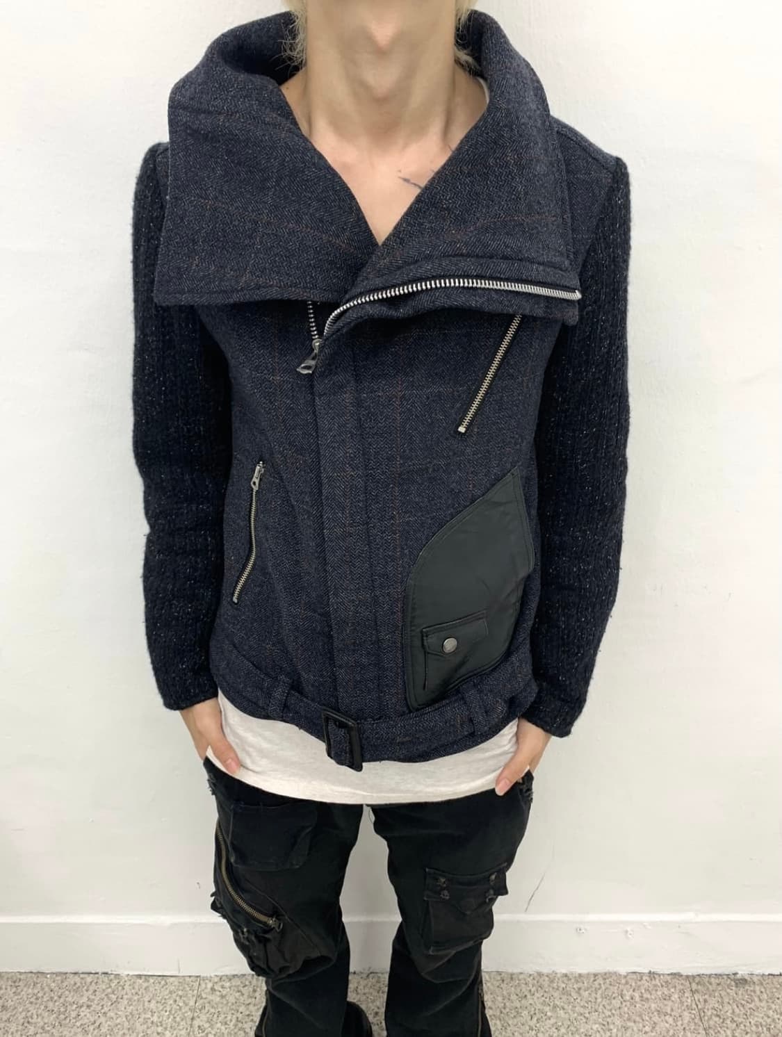 high neck leather patch knit jacket 상품이미지7