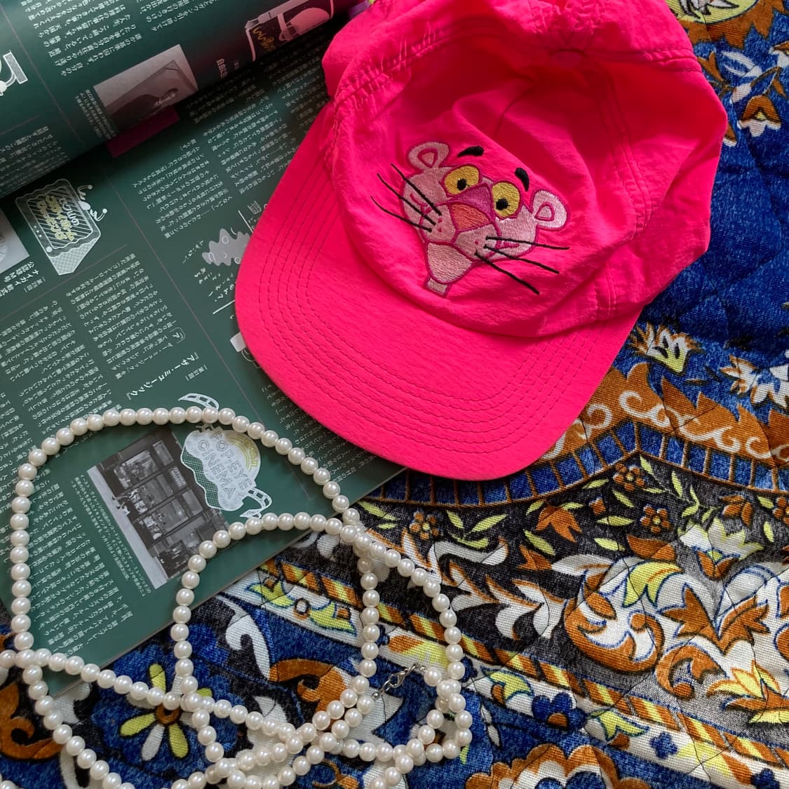 올드 빈티지 80's 네온 핑크 팬더 자수 로고 볼캡 모자 상품이미지2