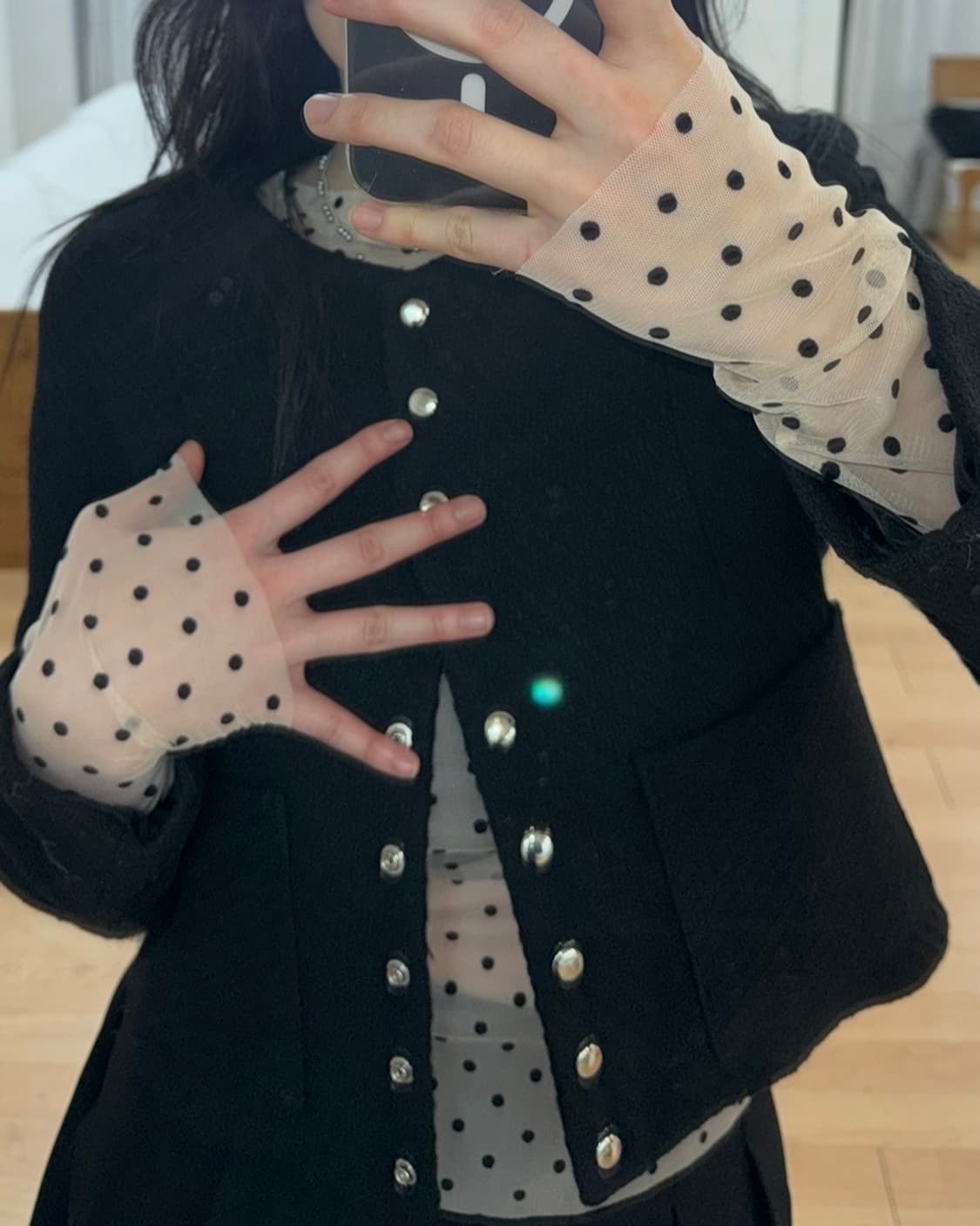 시스루 레이어드 도트 긴팔 티셔츠 베이지 새상품 상품이미지3