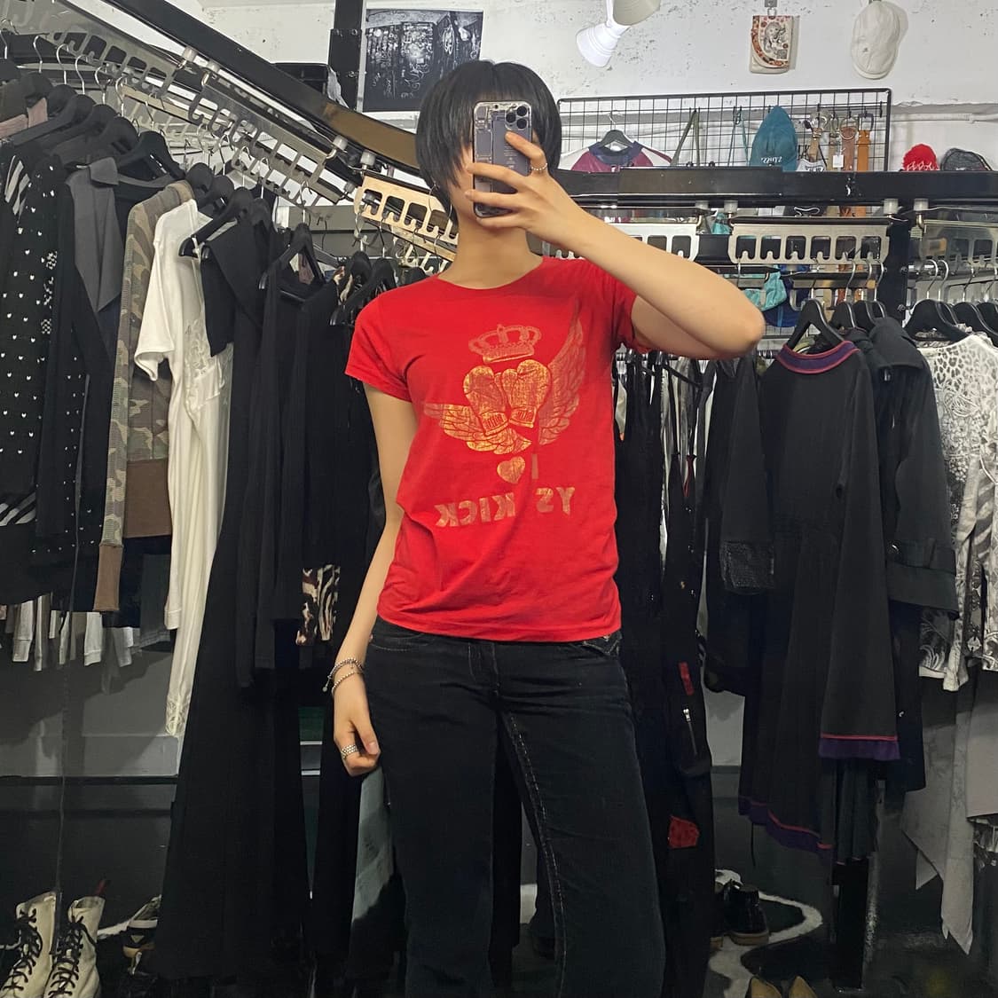 Japanese vtg 골드 글리터 날개 프린팅 반팔 티셔츠 상품이미지9