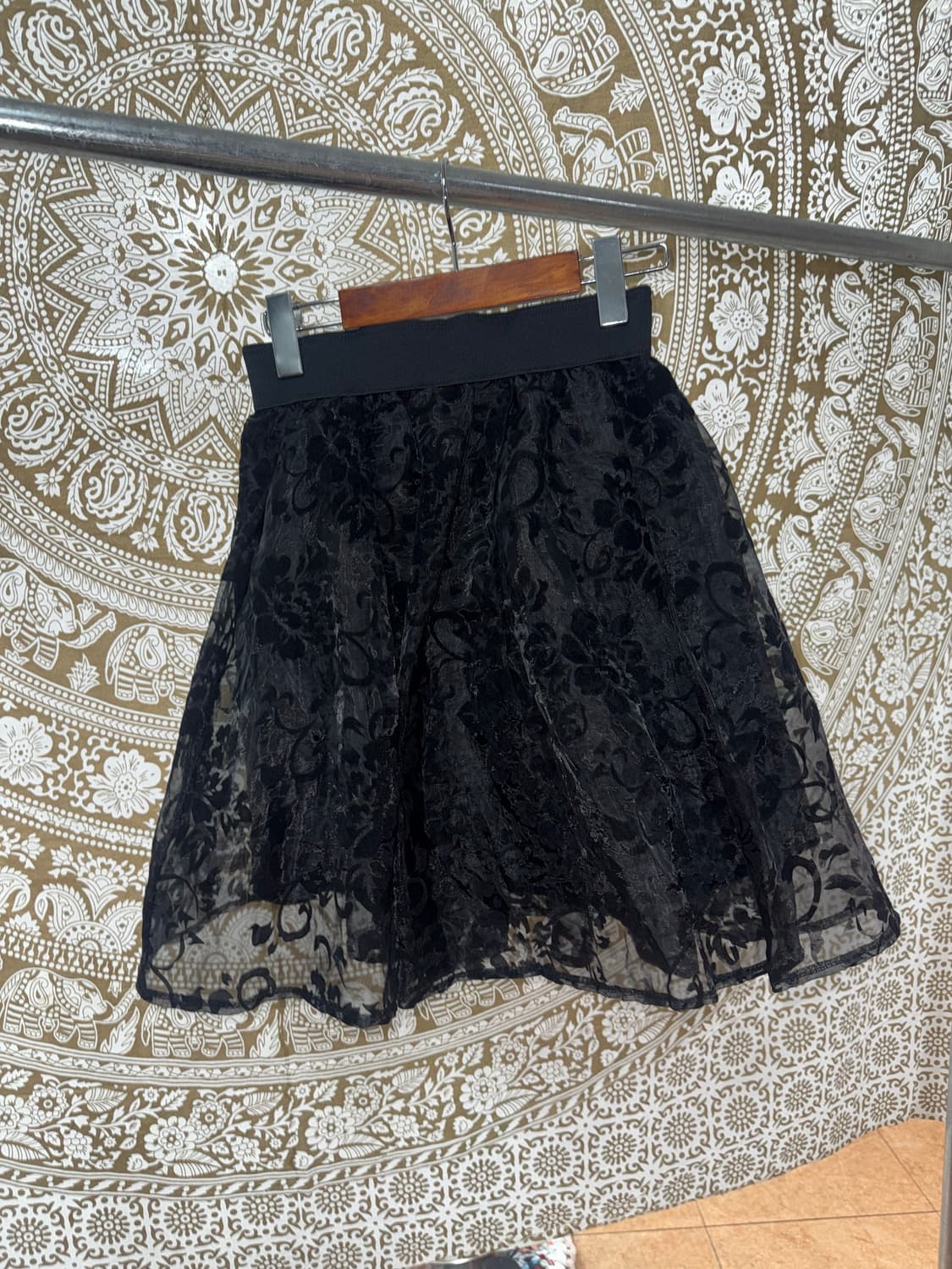 빈티지 여성 벨벳 플라워패턴 시스루 밴딩 미디스커트  상품이미지3