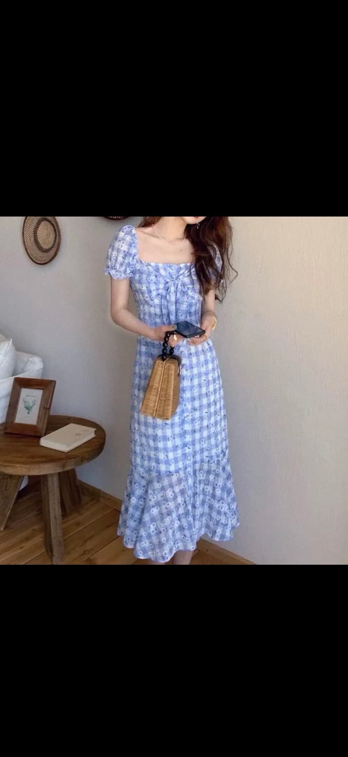 블루 체크 데이지 포인트 여름원피스 퍼프소매 휴양지원피스 상품이미지3