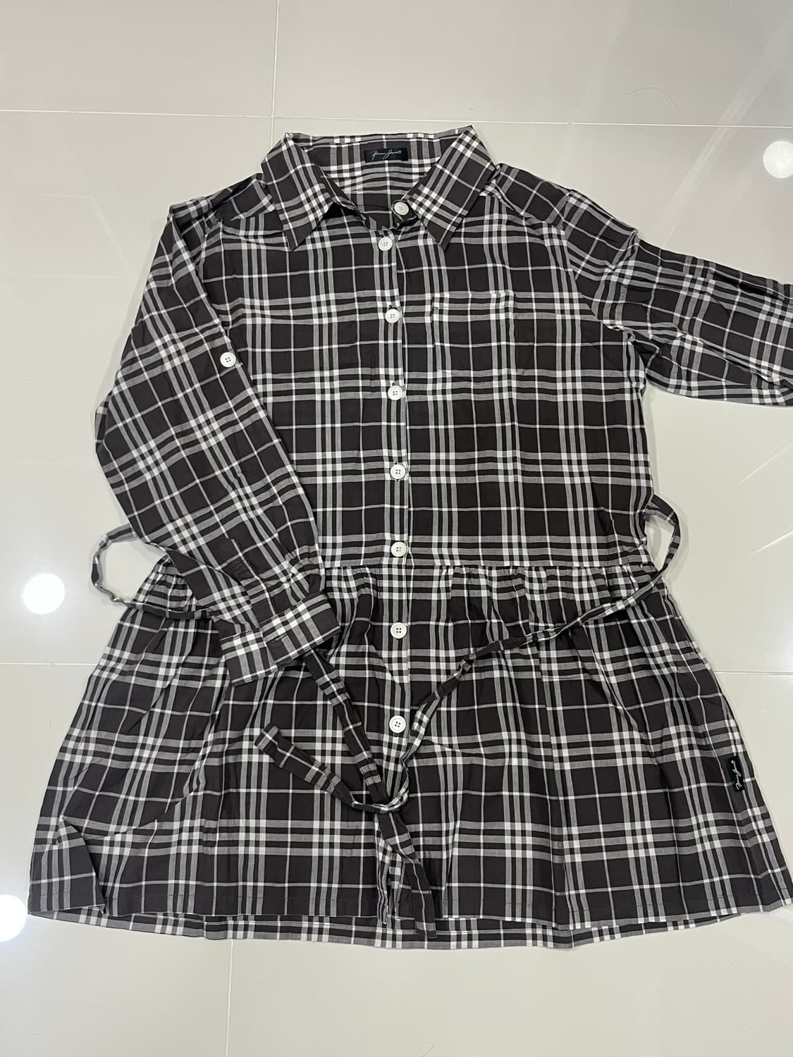 빈티지 브라운 체크 레이어드 셔츠 원피스 상품이미지1