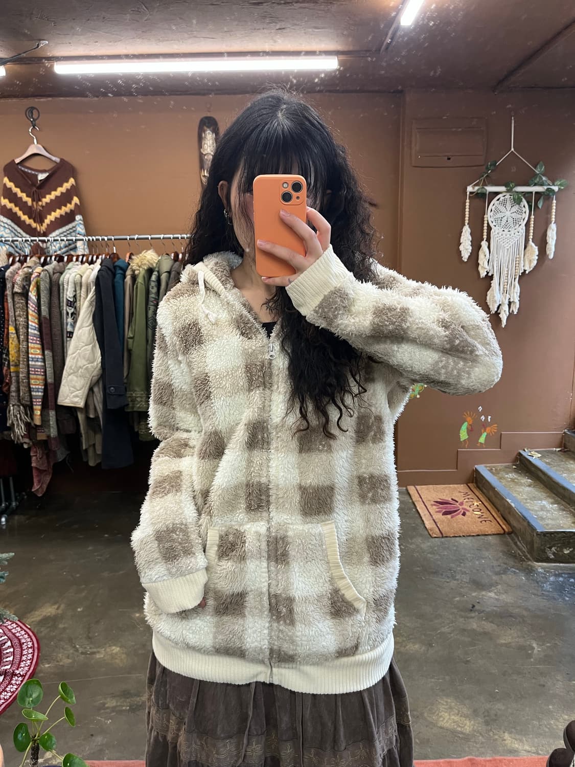 일본무드 체크 패턴 아이보리 플리스 후드집업 상품이미지5