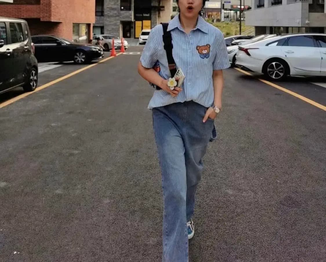 구찌 스트라이프 반팔 셔츠 곰돌이 패치 상품이미지1