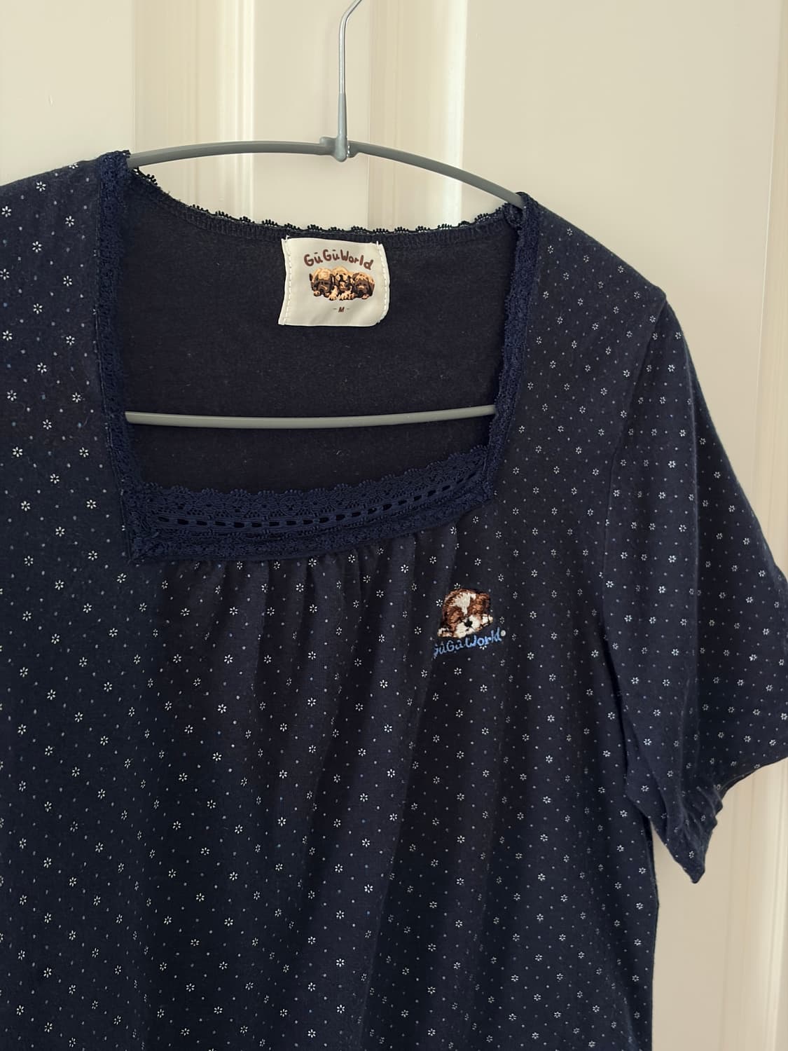 GuGuWorld 강아지 패치 잔꽃 스퀘어넥 빈티지 모리걸 상품이미지1