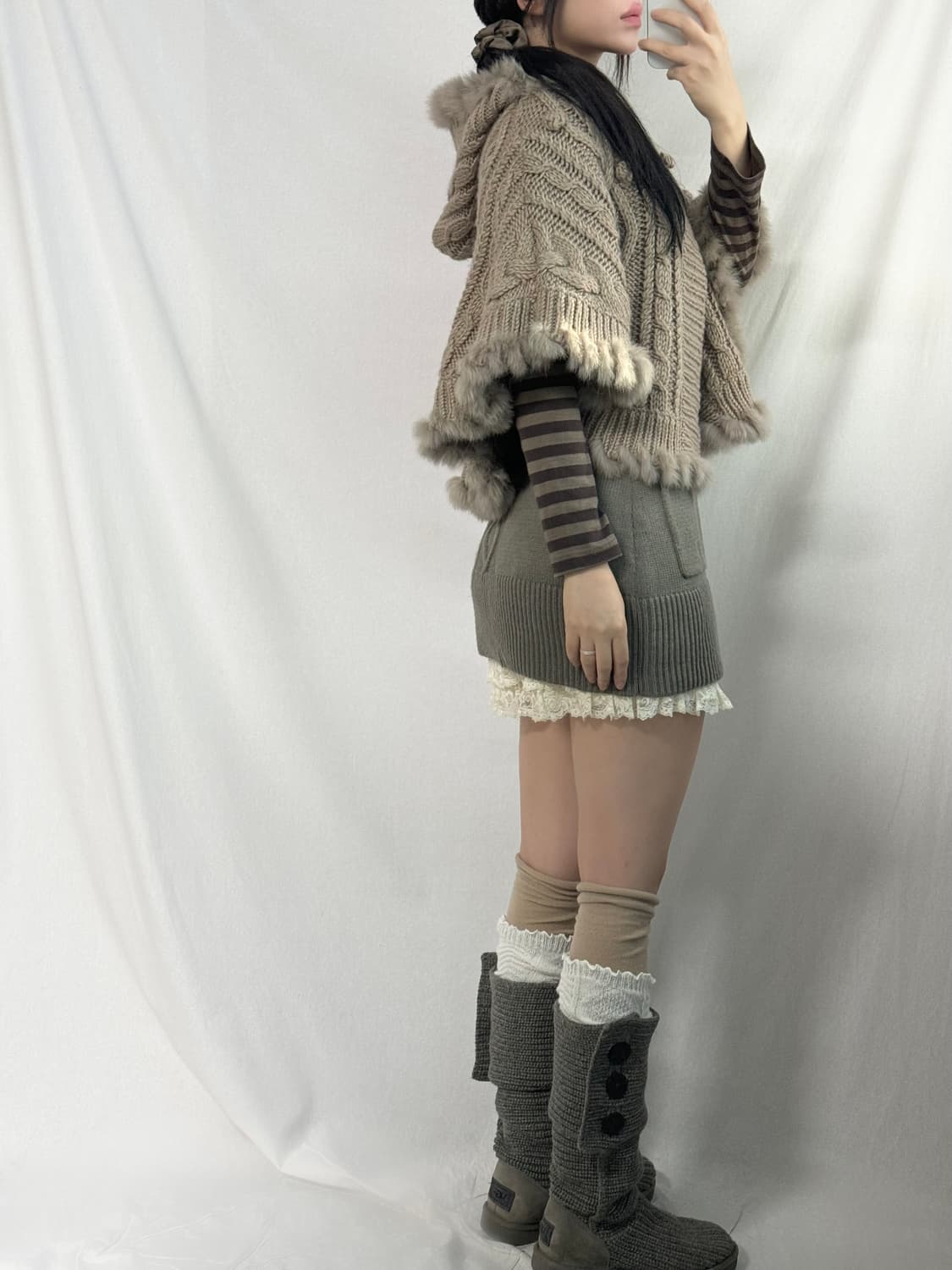 울 혼방 래핏 퍼 트리밍 니트 케이프 가디건 상품이미지7