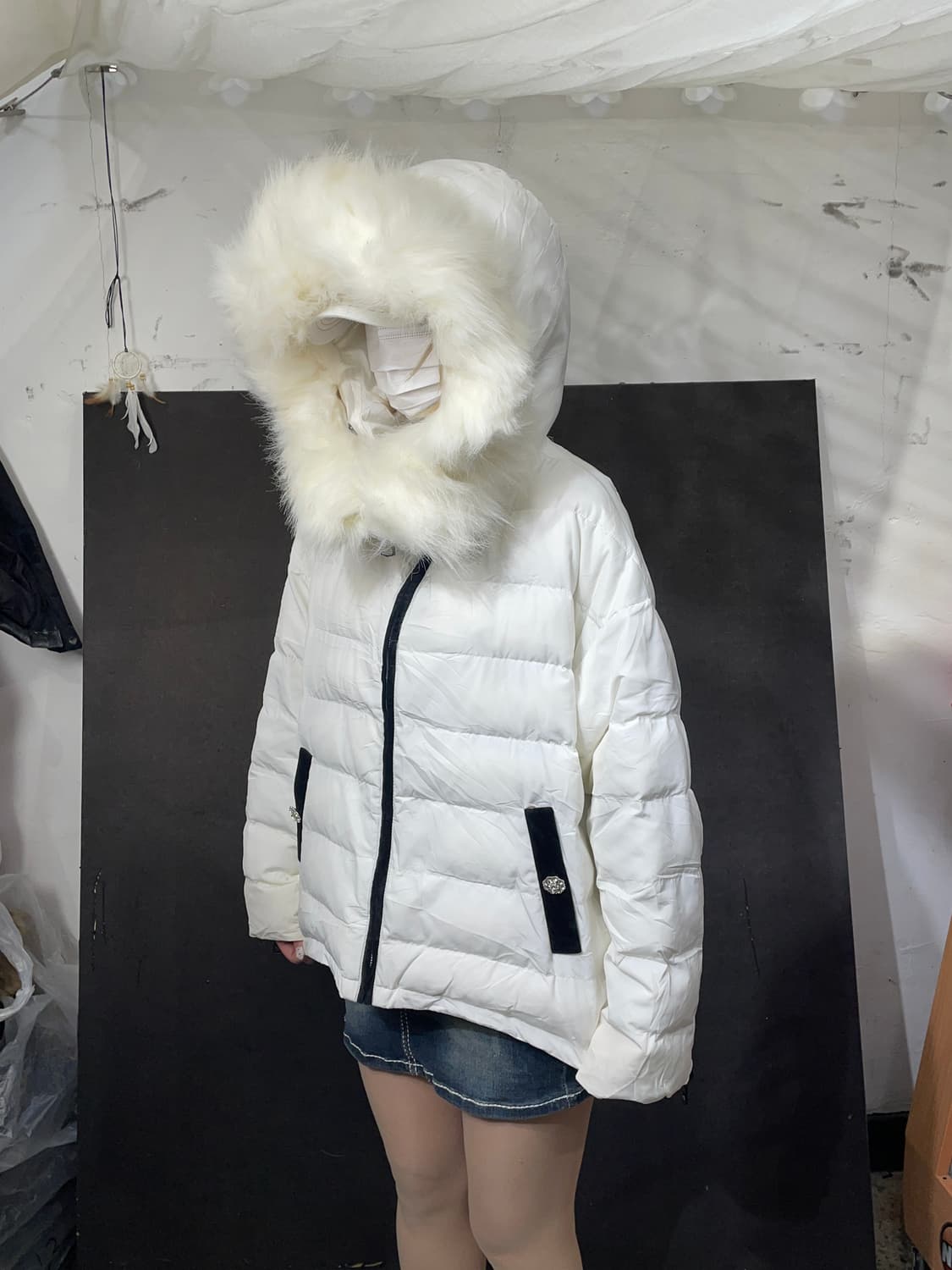 일본빈티지 울프죠 퍼 후드 화이트 패딩 점퍼 M 상품이미지2