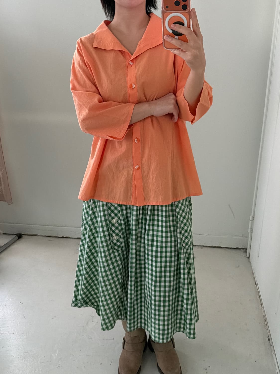 일본빈티지 그린체크 코튼 아방스커트 상품이미지4