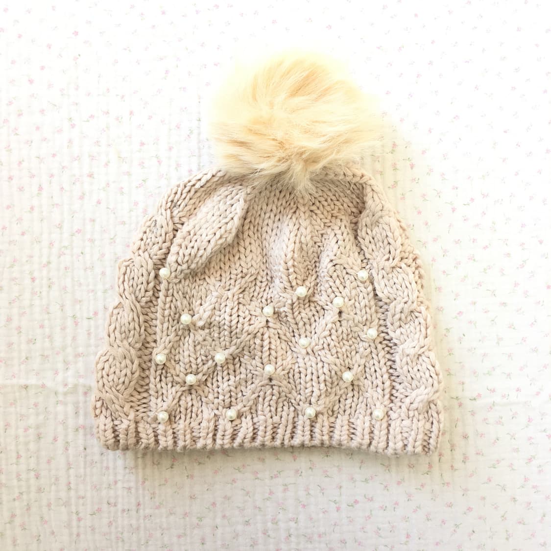 JPN/ 털방울 진주 니트 핸드메이드 비니 갸루비니 라떼갸루 상품이미지1