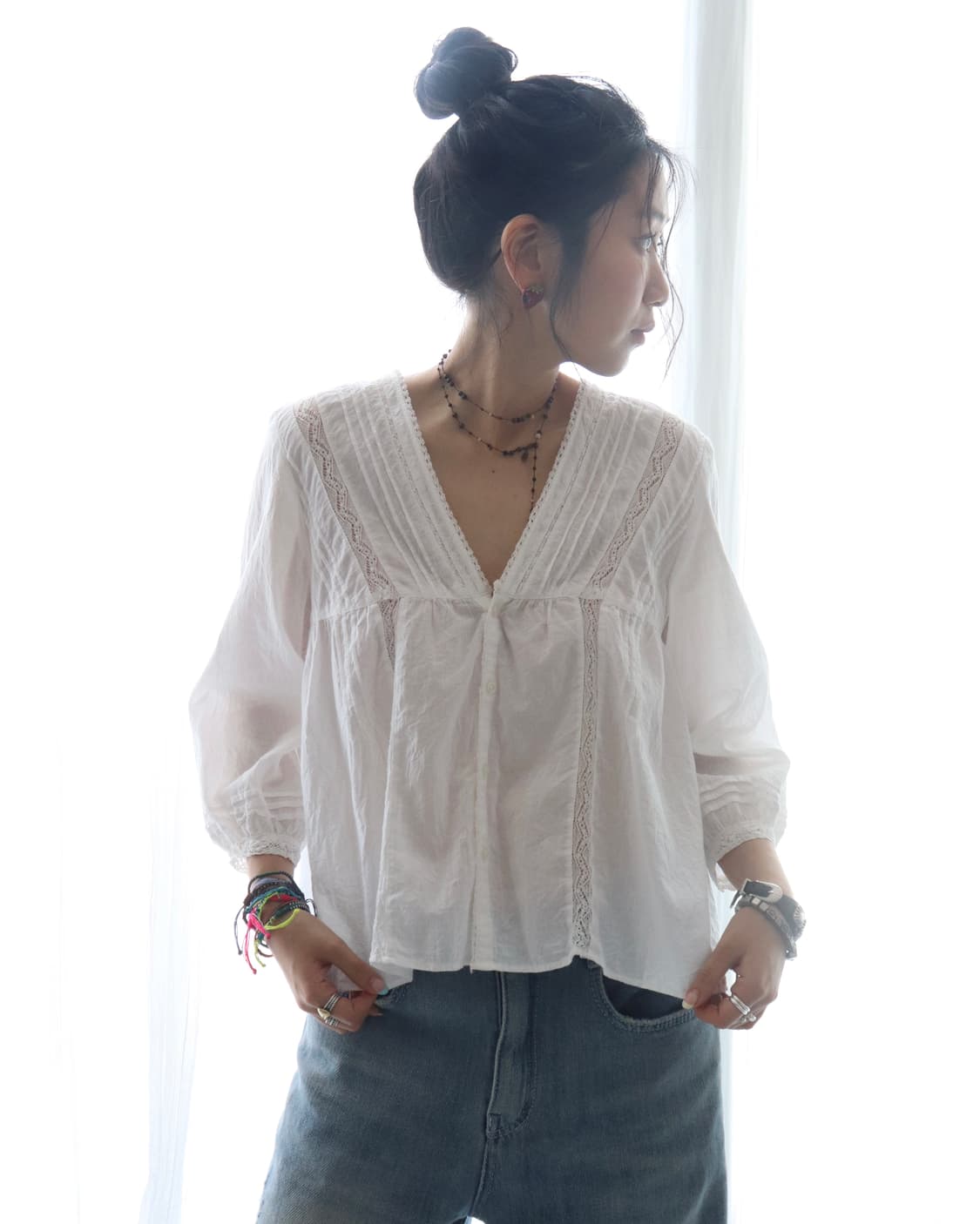[Beams Boy] White Pintuck Lace Blouse 상품이미지1