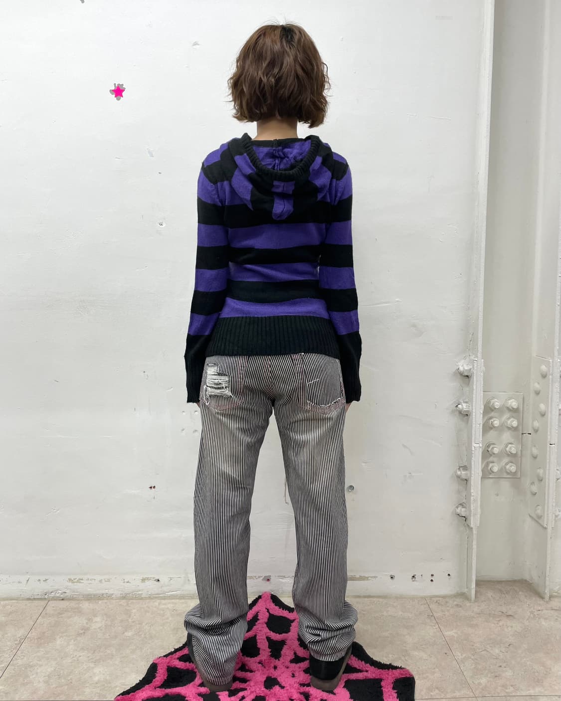 Girl Purple Stripe Knit Hoodie 상품이미지5