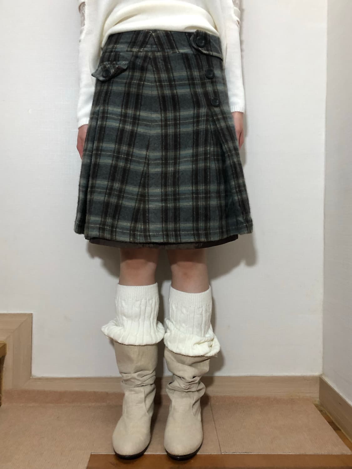 빈티지 그린 체크 울 미디 스커트 상품이미지2