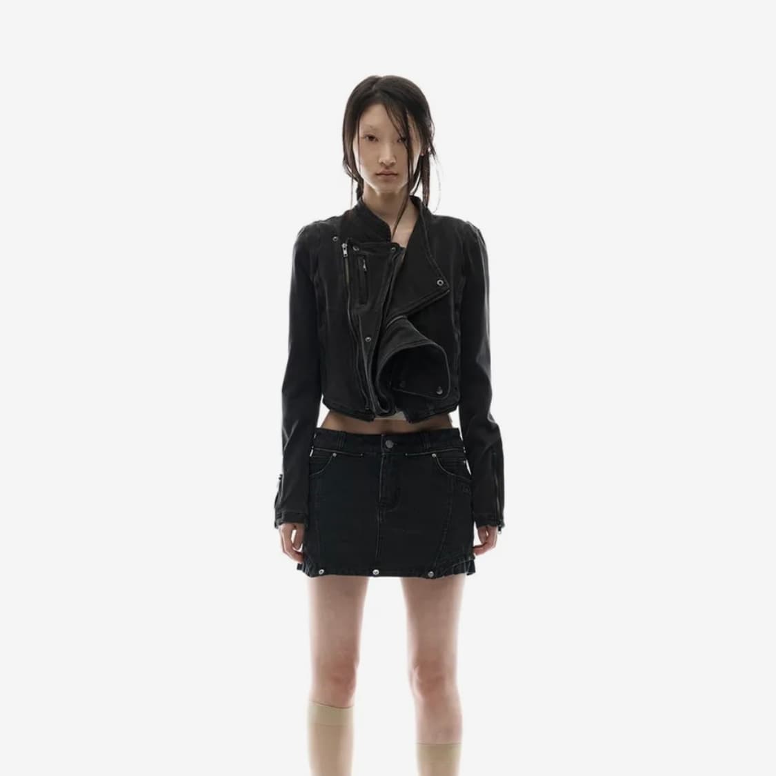 오호스 스판 데님 자켓 차콜 + 버튼 데님 스커트 차콜 셋업 상품이미지1