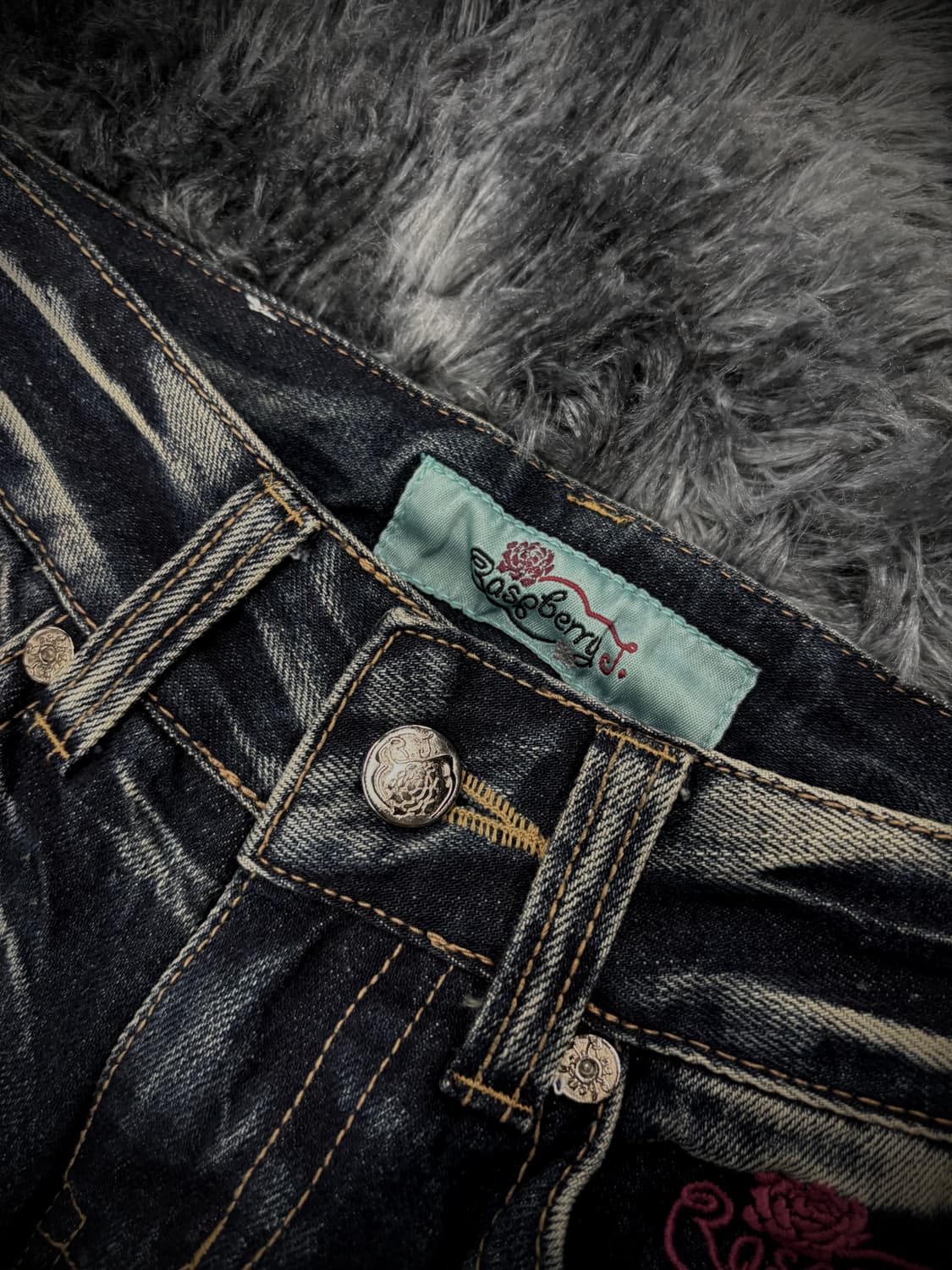 핑크 스컬 플라워 패치 부츠컷 워싱 데님팬츠 상품이미지8