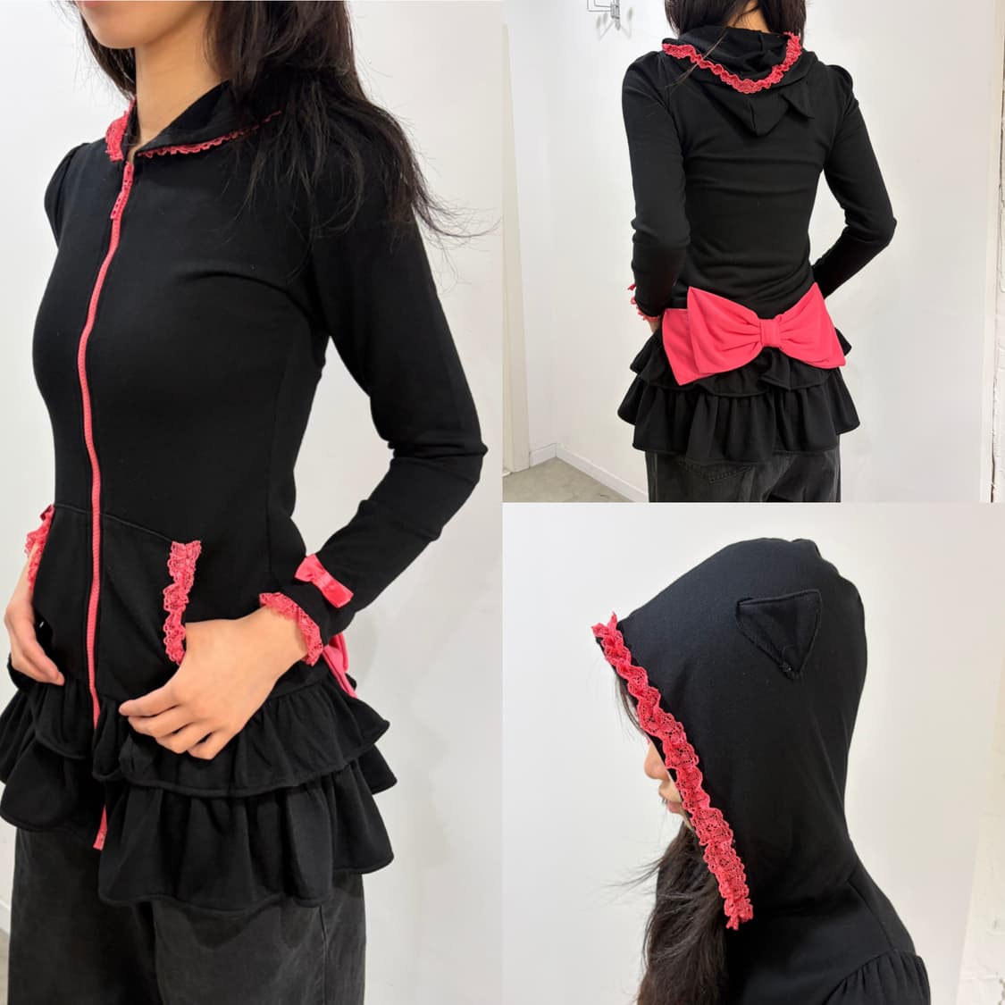 Joky gal 갸루 왕리본 집업 프릴 원피스 상품이미지1