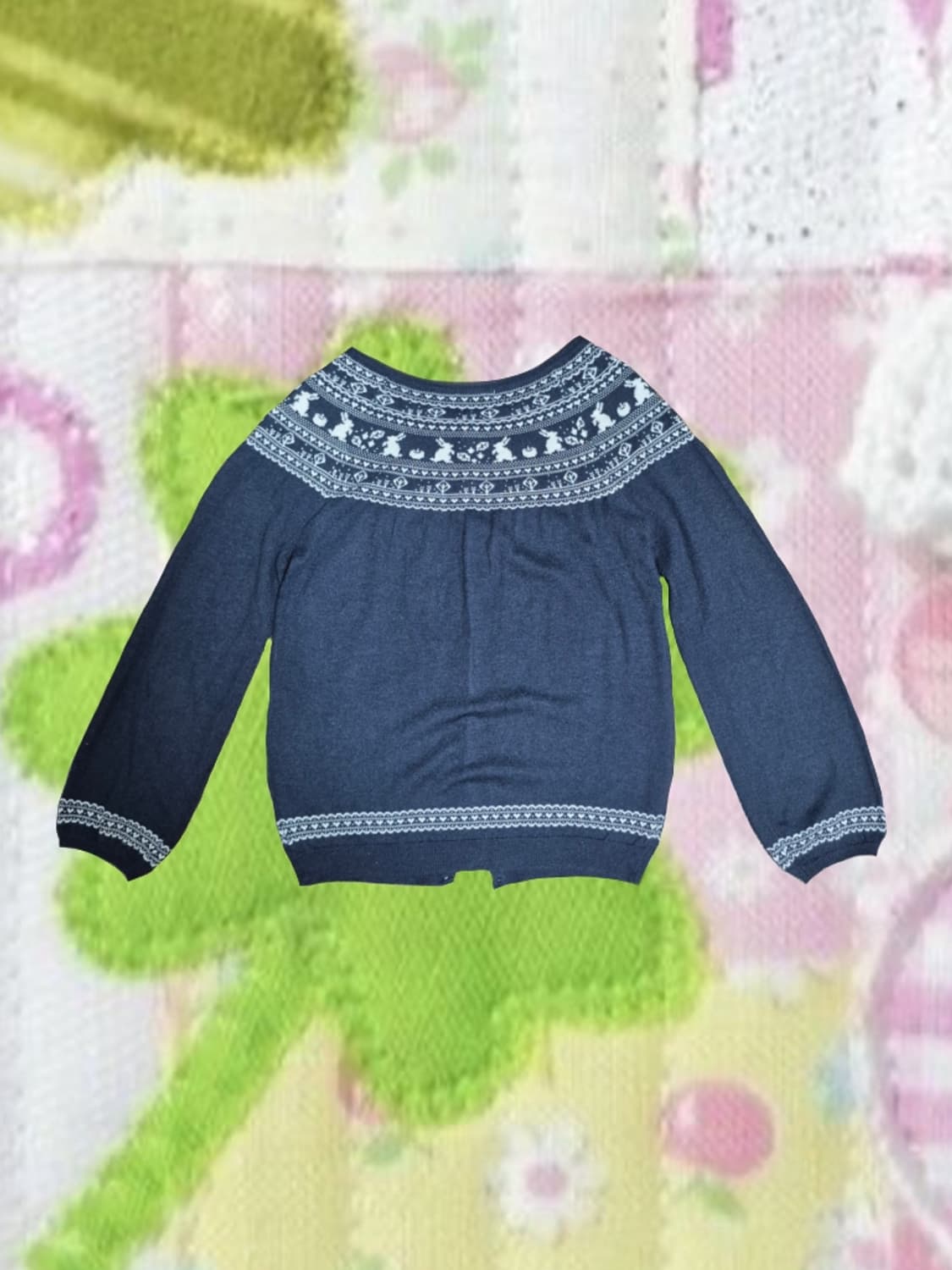 일본 빈티지 모리걸 어스뮤직 네이비 토끼 사과 노르딕 가디건 상품이미지2