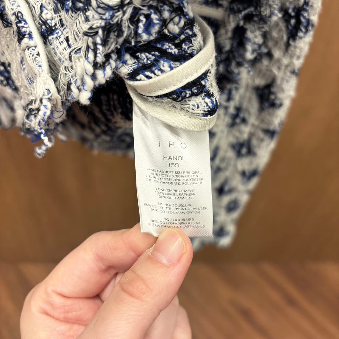 이로 라운드넥 크롭 트위드 자켓 패턴 프린지 마감 디테일 네이비 아이보리 상품이미지7