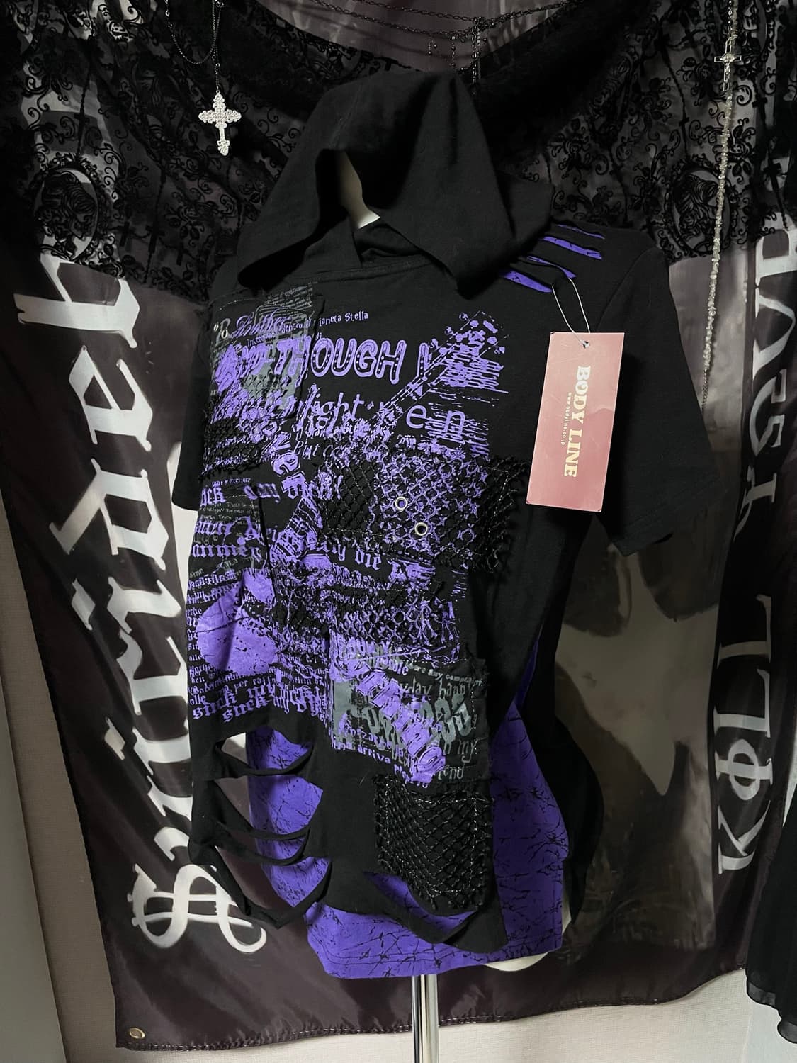 Bodyline* 00s Vkei 펑크그런지데미지컷아웃레이어드후드반팔티 상품이미지2