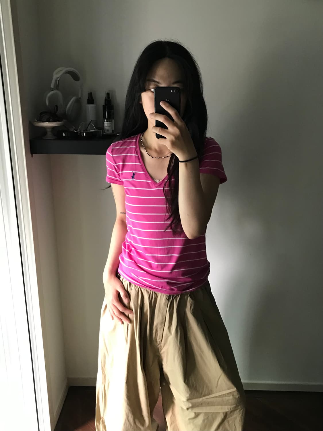 폴로 랄프로렌 포니 로고 스트라이프 브이넥 핑크 반팔티  상품이미지3
