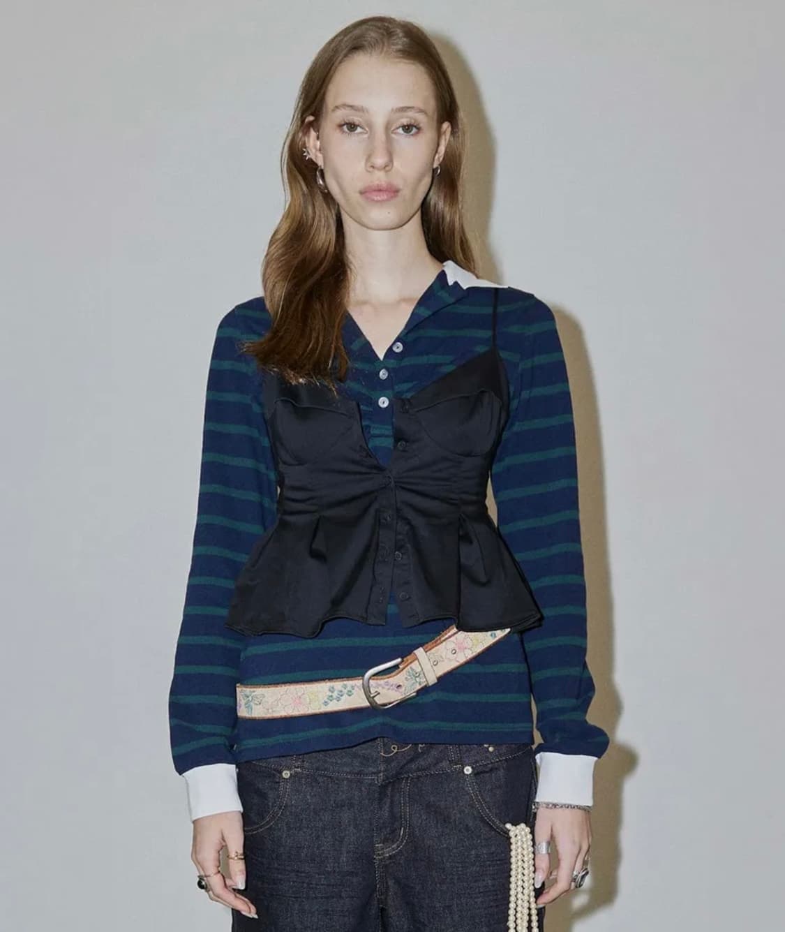 Shirring Tennis Shirt Navy/Green Stripe 상품이미지3