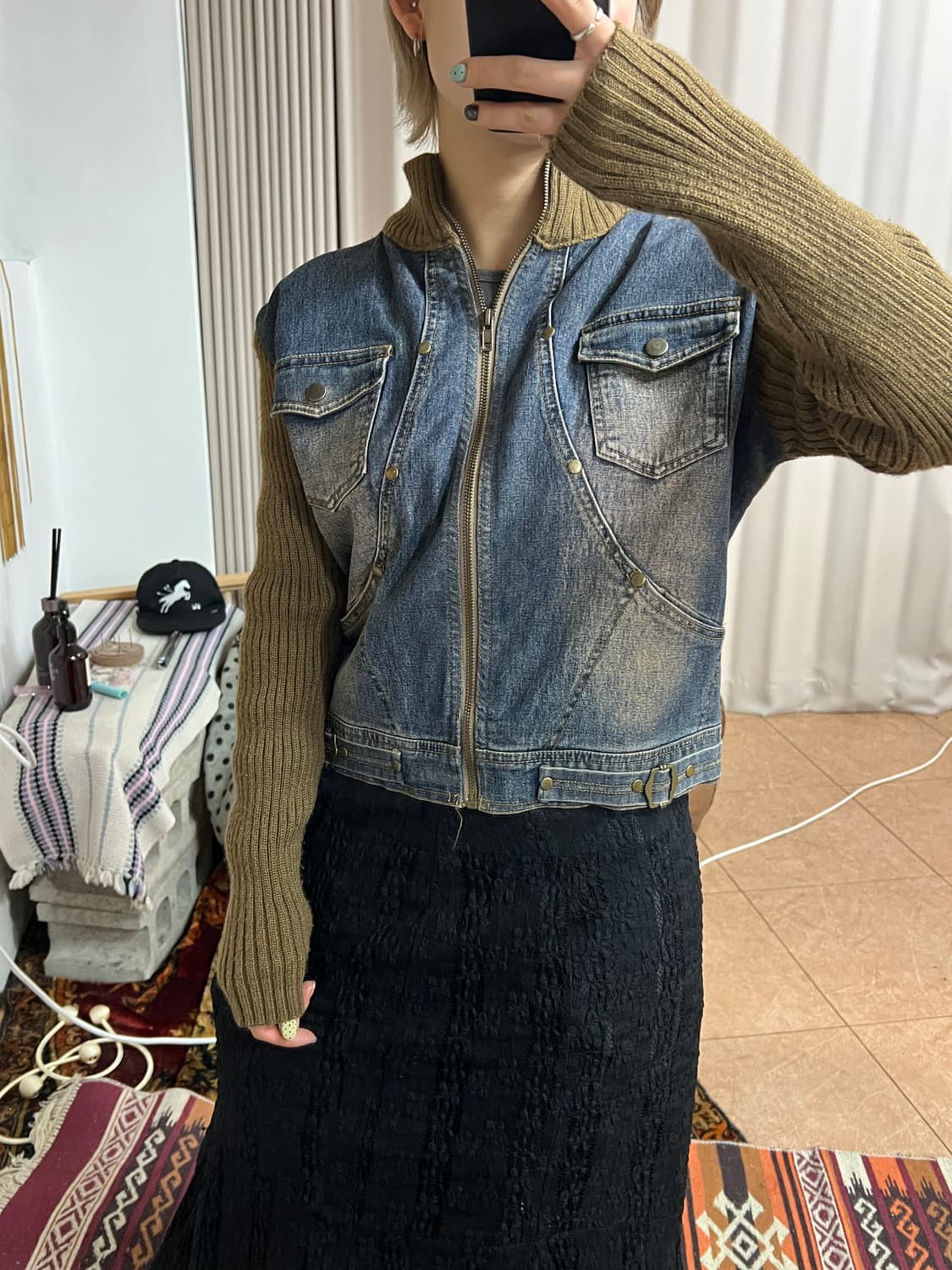 빈티지 여성 니트 레이어드 워싱 데님자켓  상품이미지1