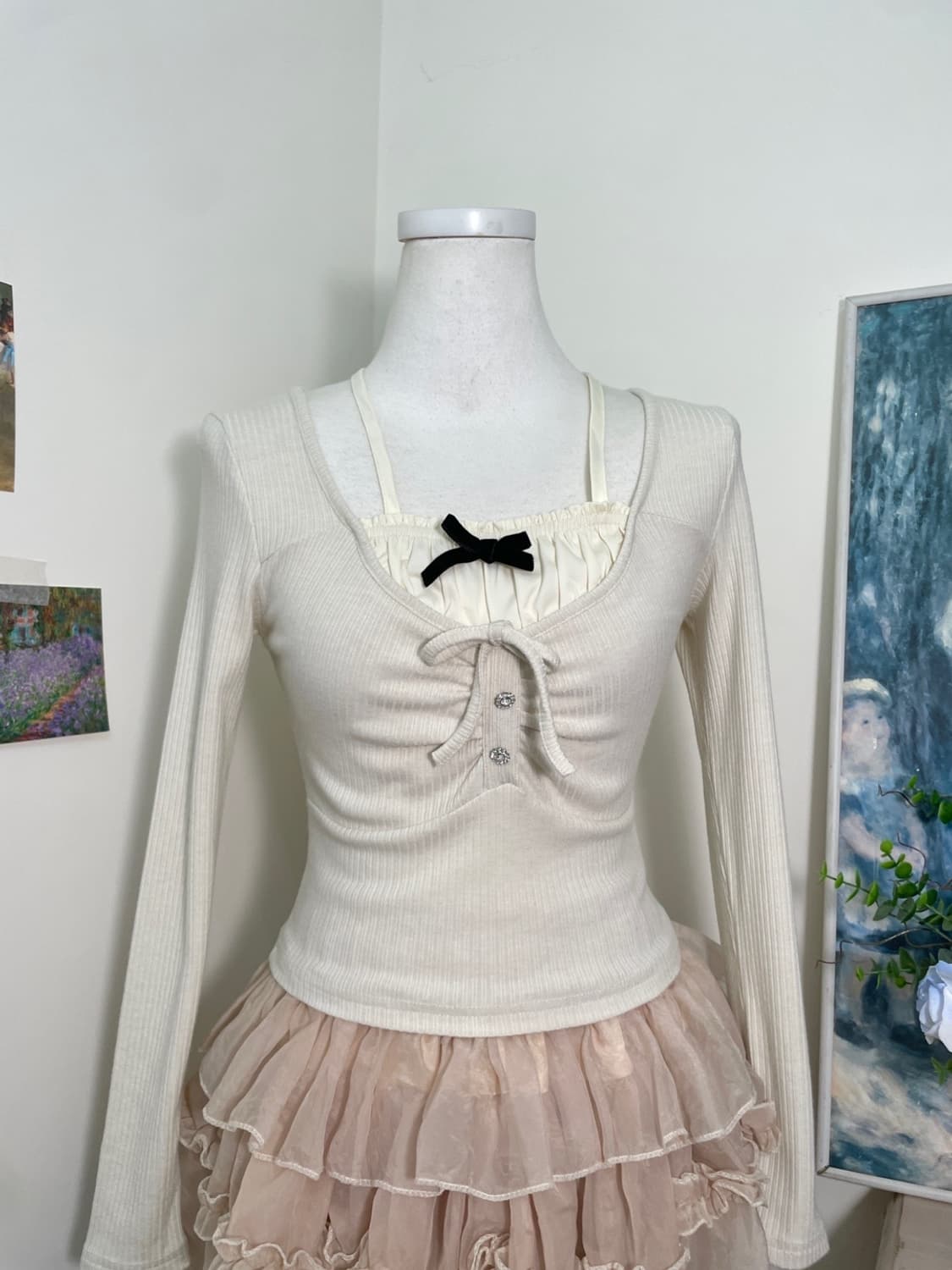 ivory shirring bow point long sleeve kni 상품이미지5