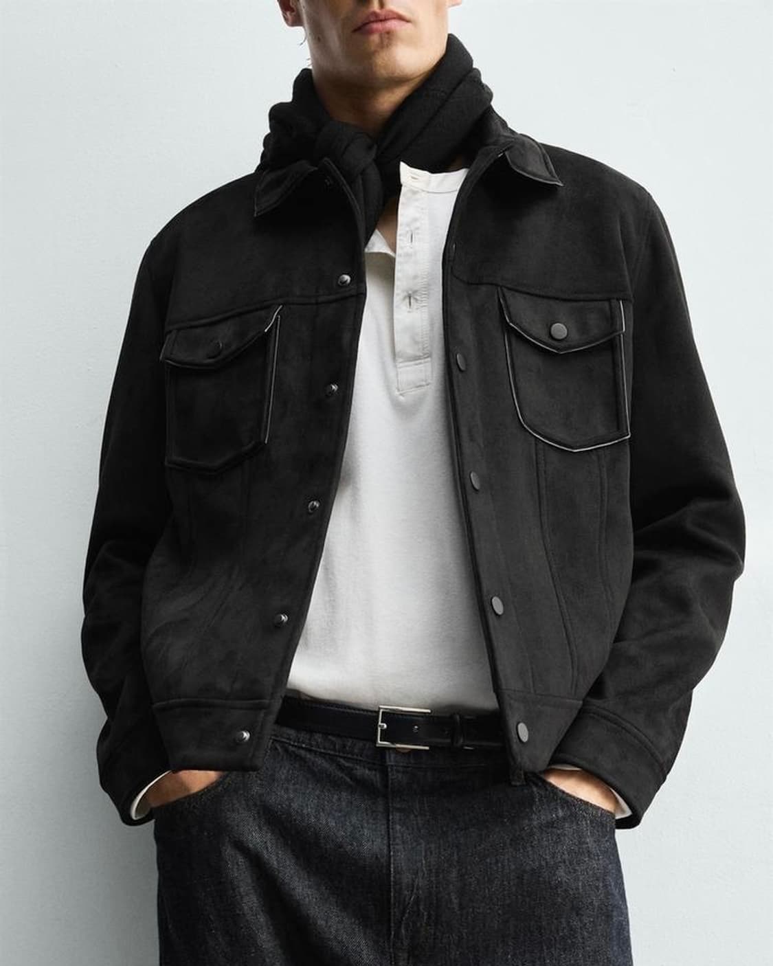 자라 블랙 스웨이드 트러커 자켓 세무 가죽 레더 라이더 바이커 L 100 상품이미지2