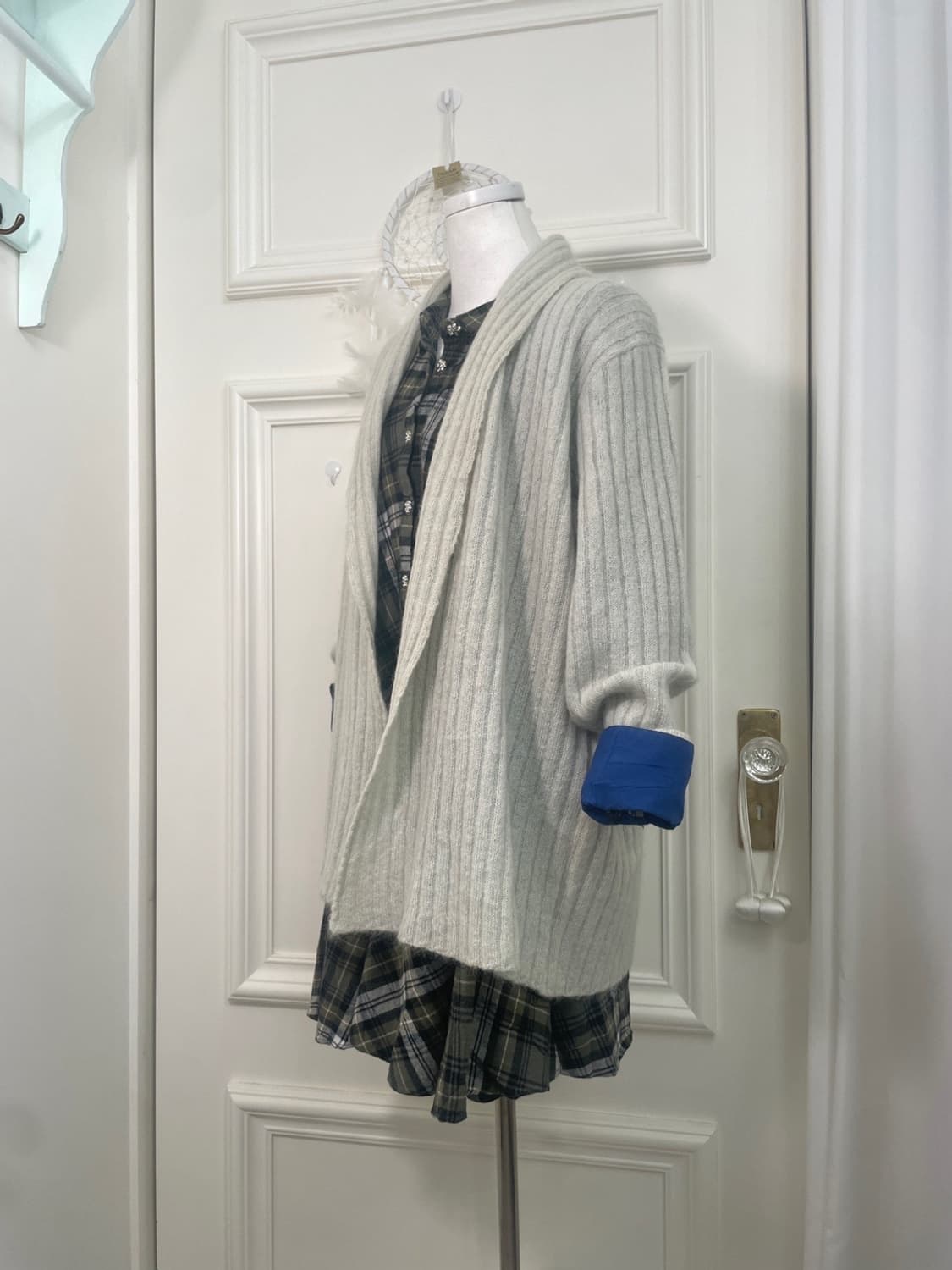 sheer green open rib cardigan&khaki chec 상품이미지2