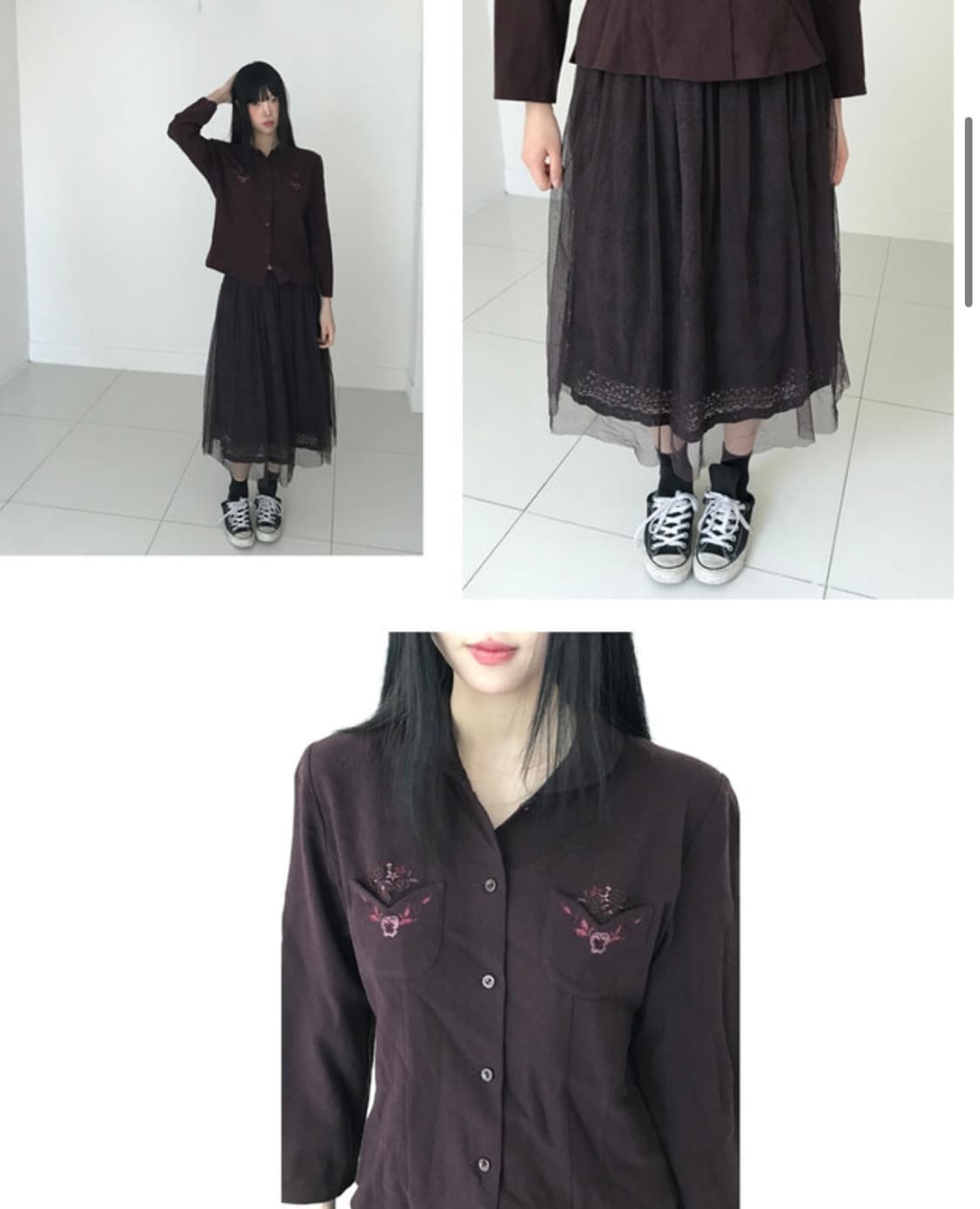 빈티지 꽃 자수 카라 주머니 퍼플 셔츠 상품이미지2