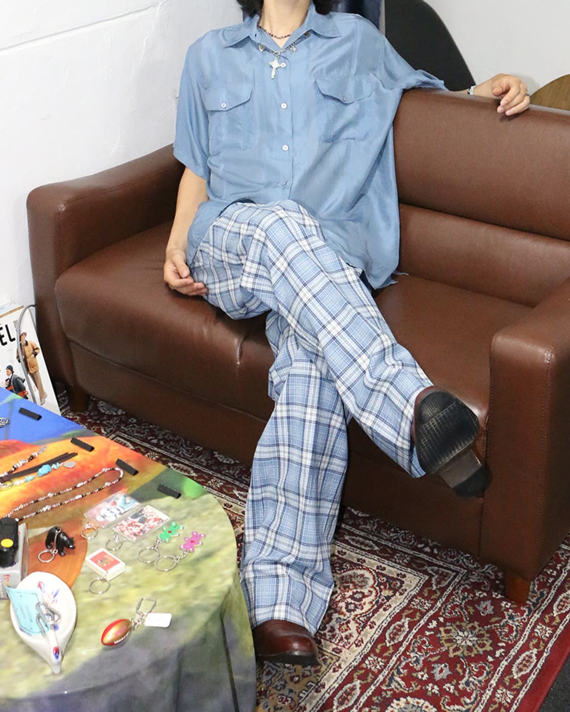 빈티지 블루 체크 부츠컷 팬츠 상품이미지3