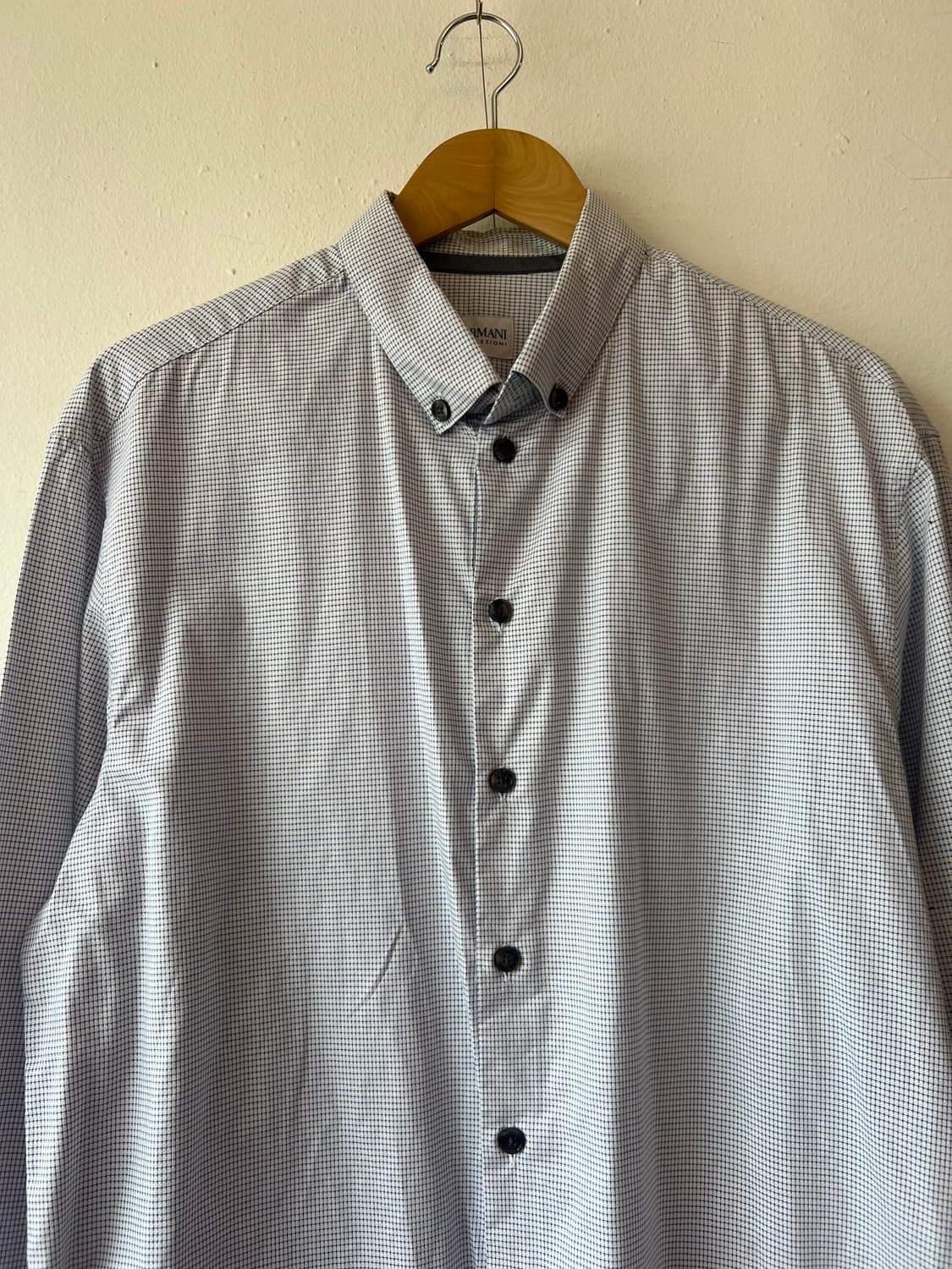 아르마니 꼴레지오니 남성 네이비블루체크 코튼긴팔셔츠 상품이미지1