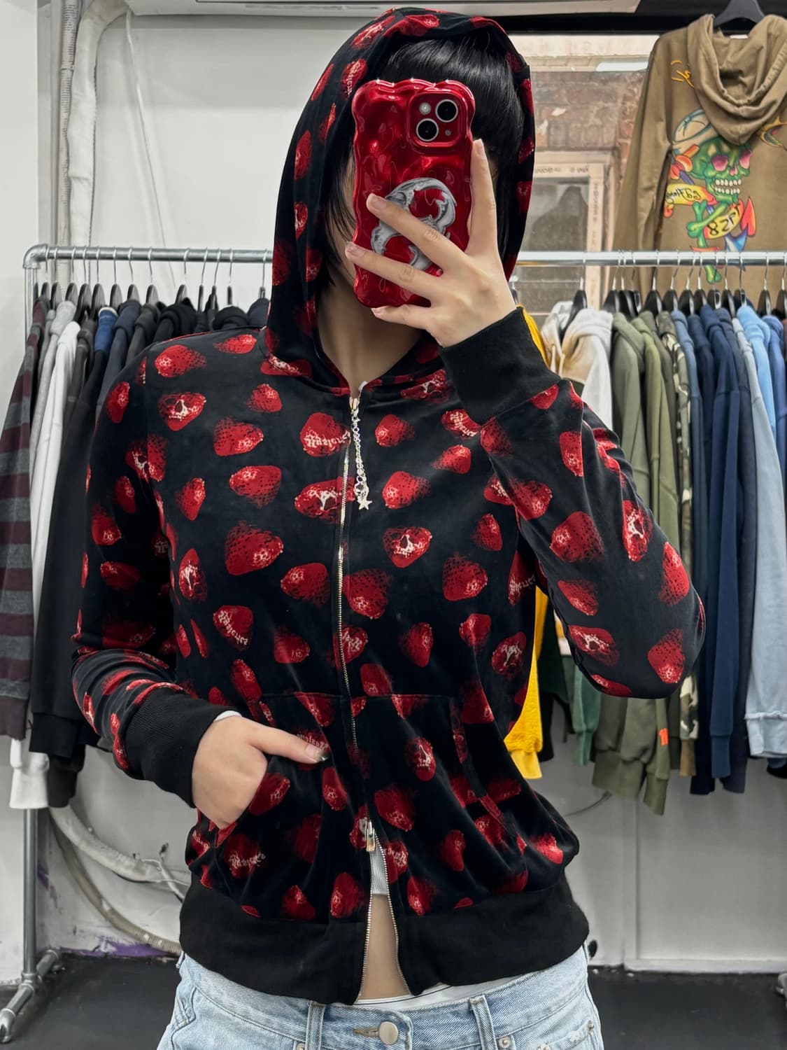 히스테릭 글래머 스트로베리 벨벳 후드집업 상품이미지1