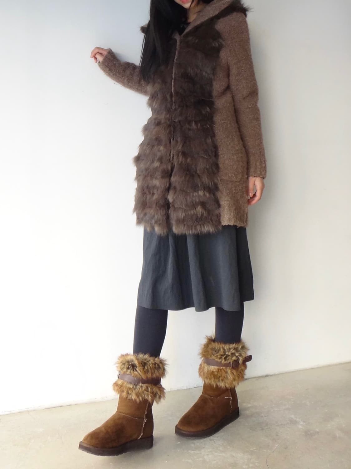 Front fur mix hoody cardigan / brown 상품이미지4