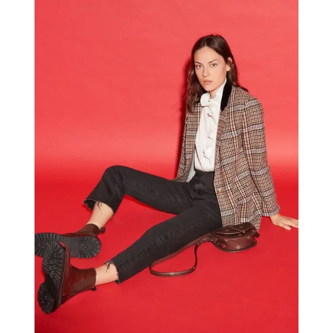 산드로 벨벳 트리밍 체크 트위드 자켓 상품이미지1