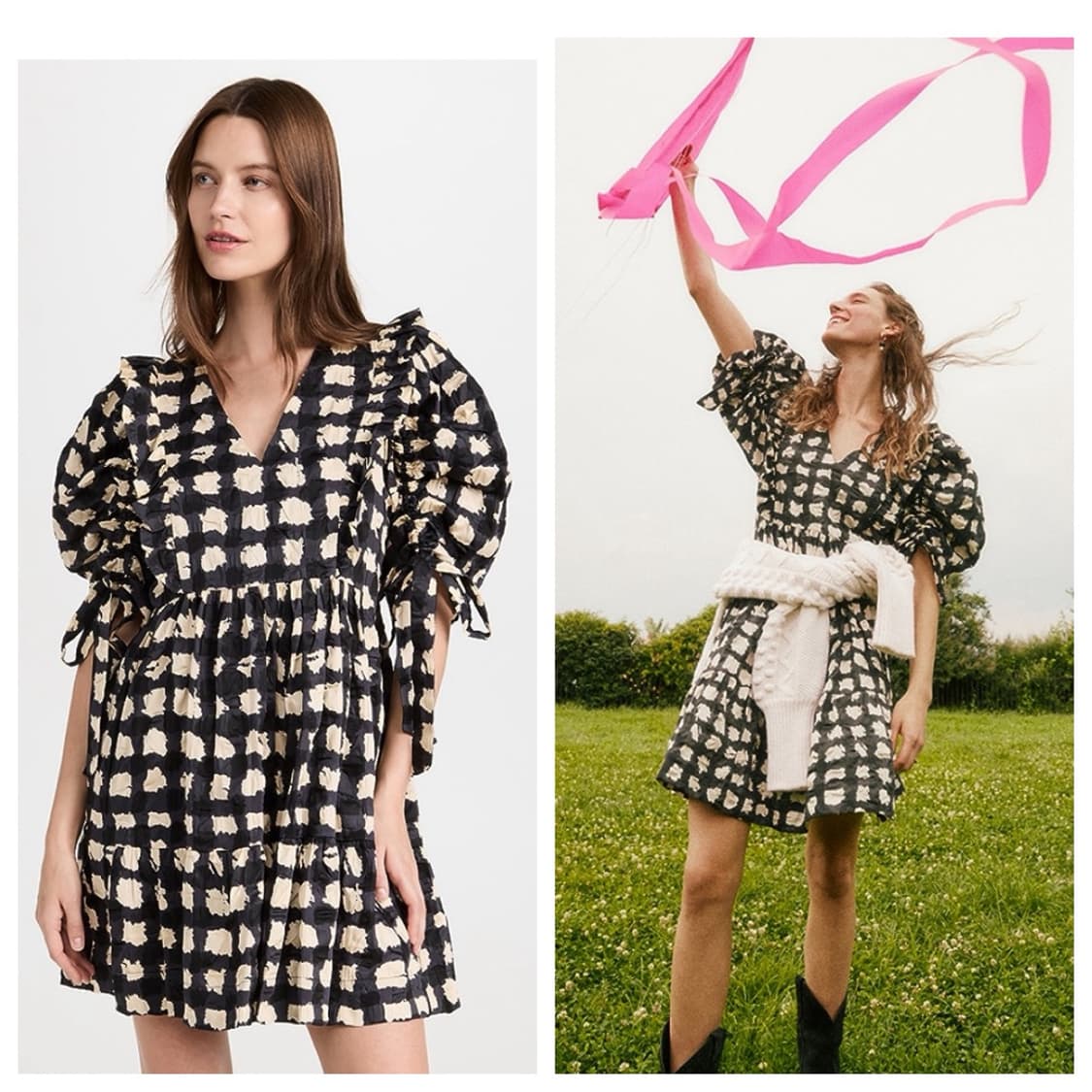 XS SEA NY 씨뉴욕 진저 깅엄 체크 스모크 반팔 프릴 원피스 상품이미지1