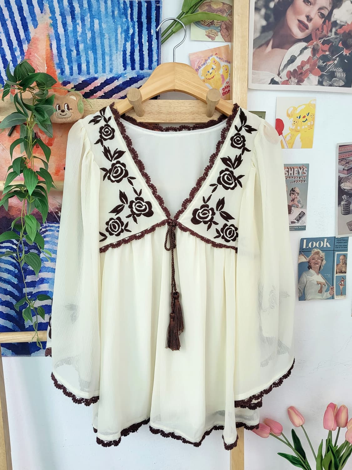 장미 자수 쉬폰 블라우스 빈티지 보헤미안 모리걸 상품이미지1