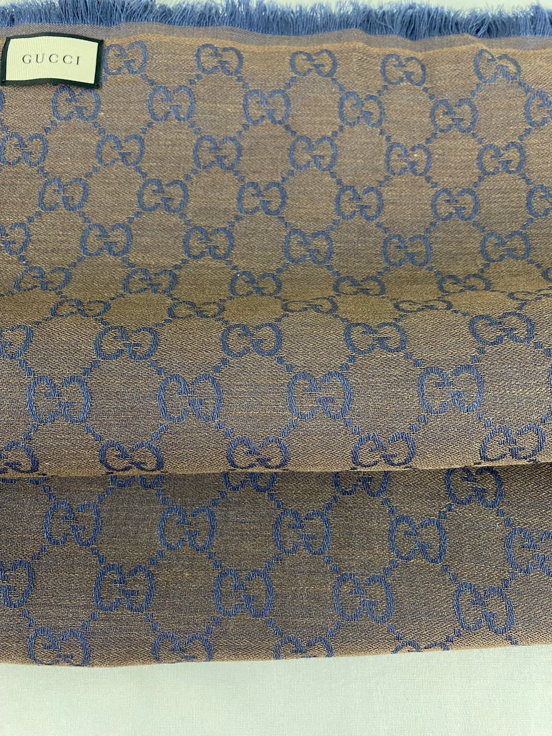 구찌 GG 자카드 울 실크 블루 브라운 스카프  상품이미지3