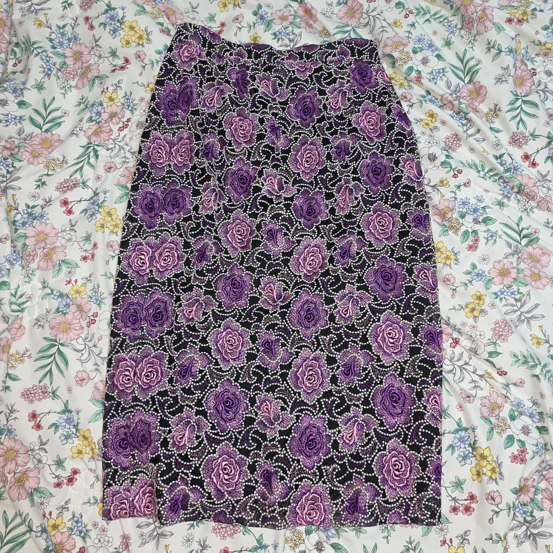 일본빈티지)안나수이깔st 퍼플x블랙 로즈패턴 고딕로리타레이스 자수 스커트 상품이미지1