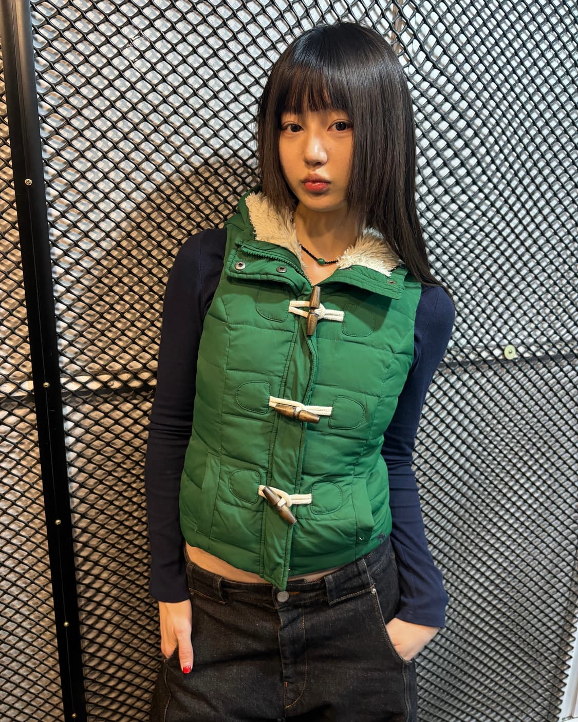 90s 빈티지 그린 양털 카라 패딩 베스트 상품이미지1