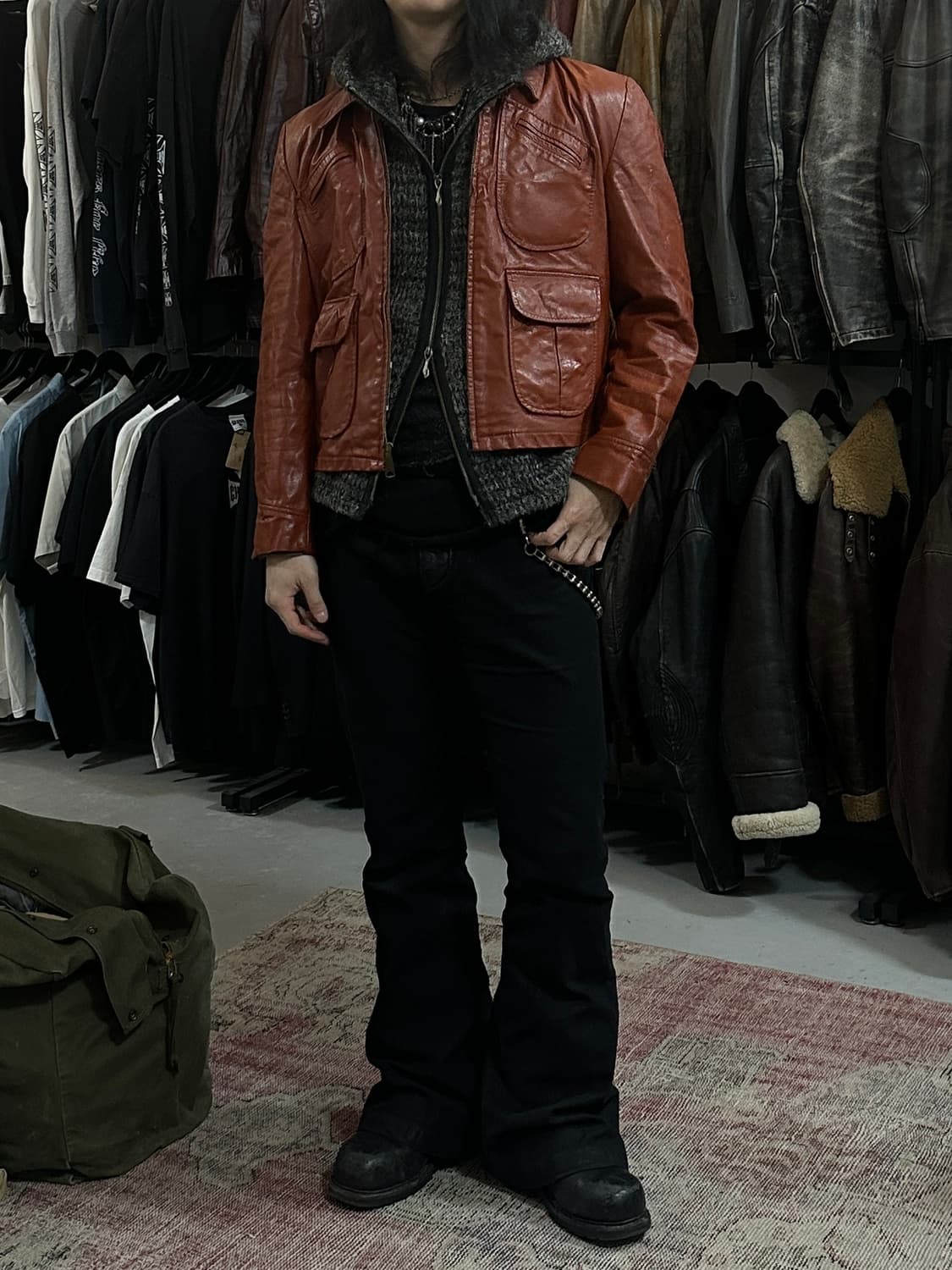 80's 빈티지 오렌지 레더 크롭 자켓 빈티지 가죽자켓 상품이미지2