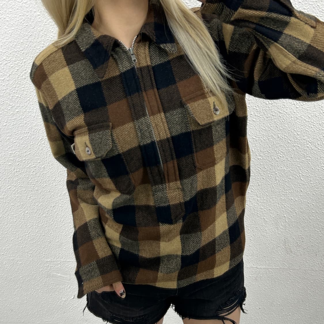 베이프 90s 빈티지 초콜렛 체크패턴 반집업 울셔츠 M 상품이미지1