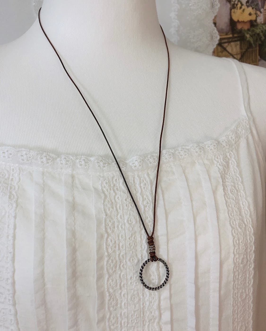 실버925 링 펜던트 우드끈 목걸이 상품이미지1