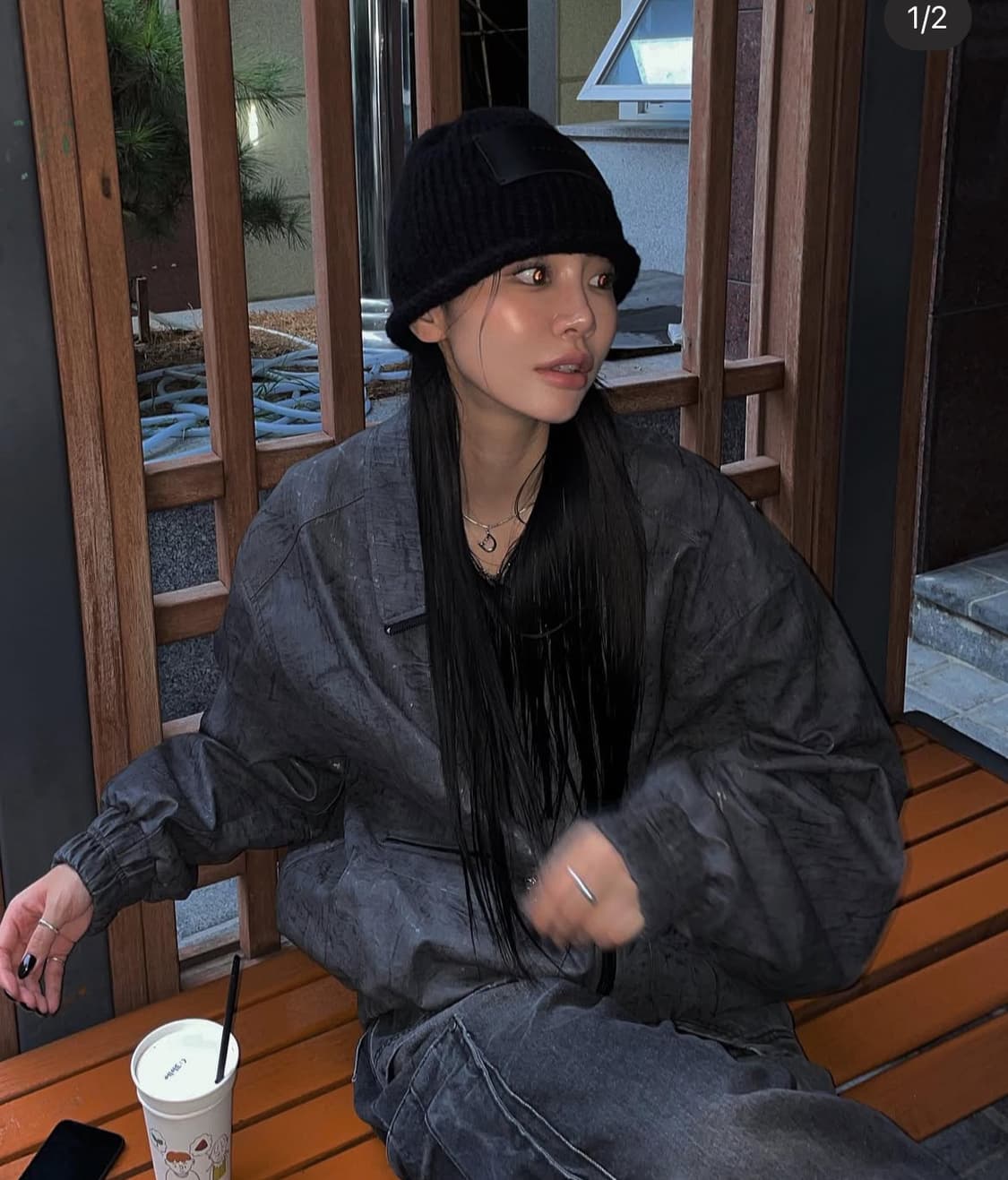 새상품) 트리밍버드 하이넥 크랙 레더 블루종 가죽 자켓 애쉬 그레이 상품이미지1