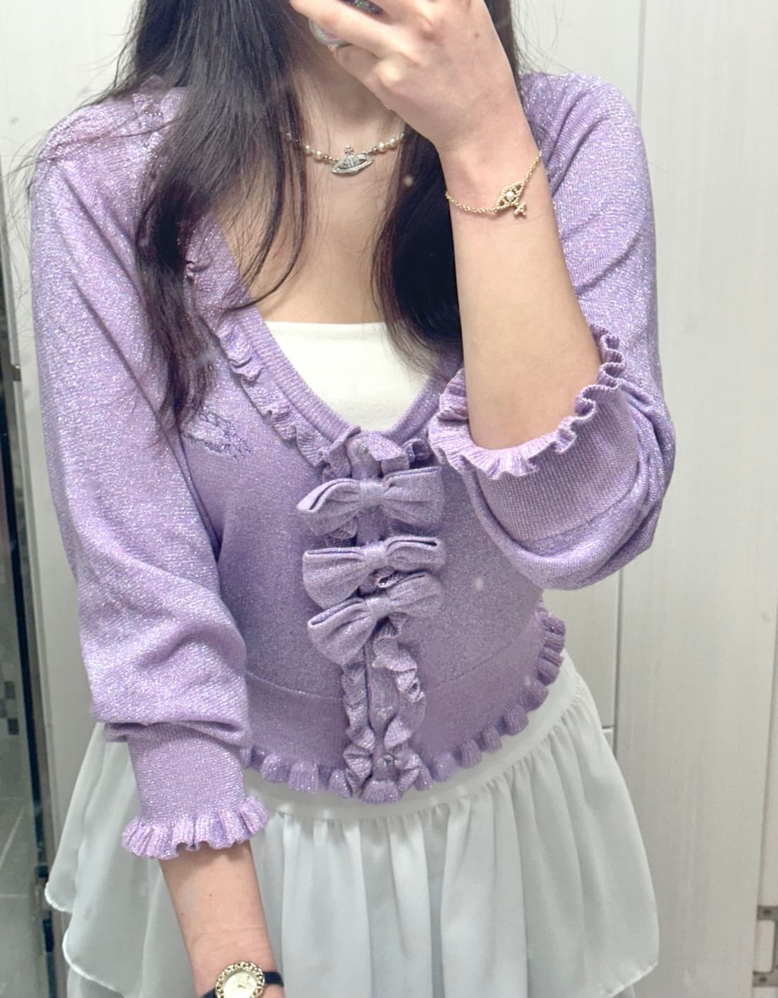 연보라 리본프릴 가디건 (히메갸루 / 로걀) 상품이미지1